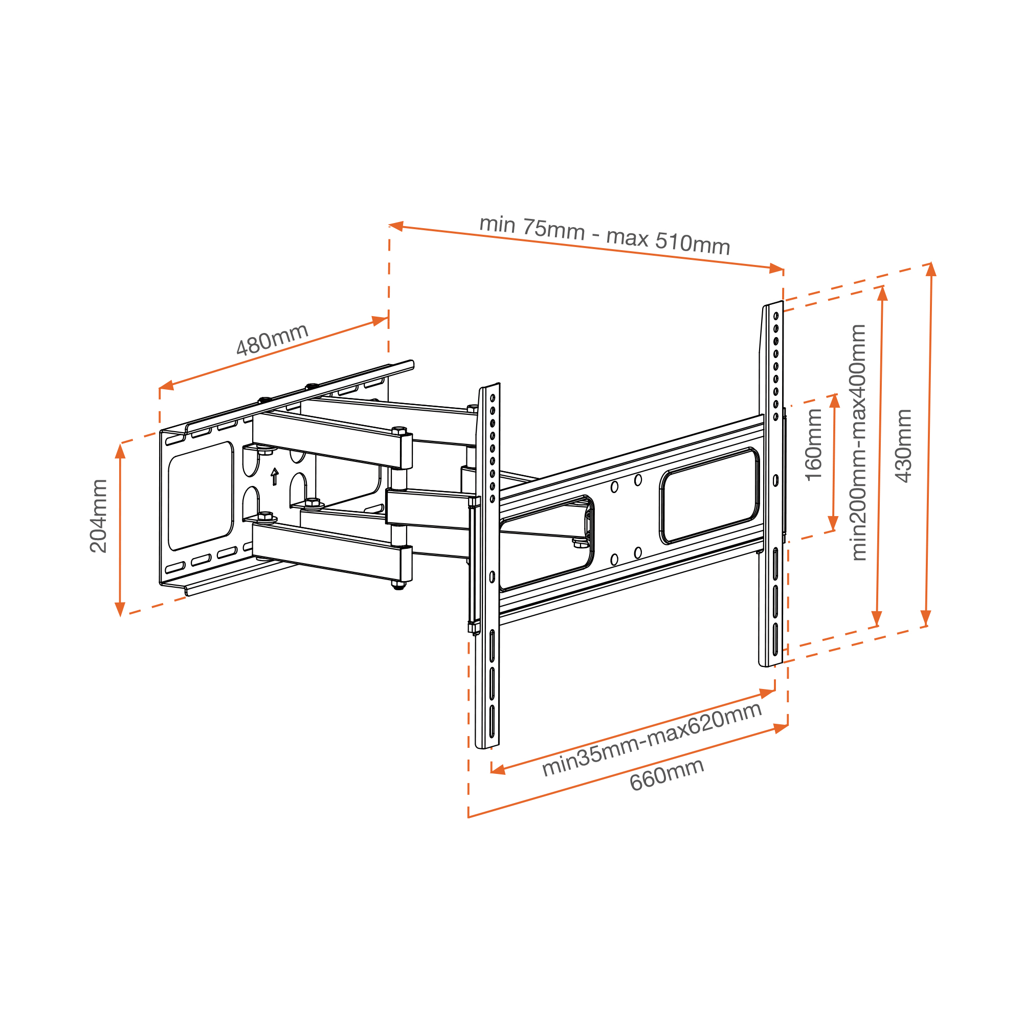 Diagrama de un soporte de TV con dimensiones. Incluye soportes y brazos para fijar el TV.