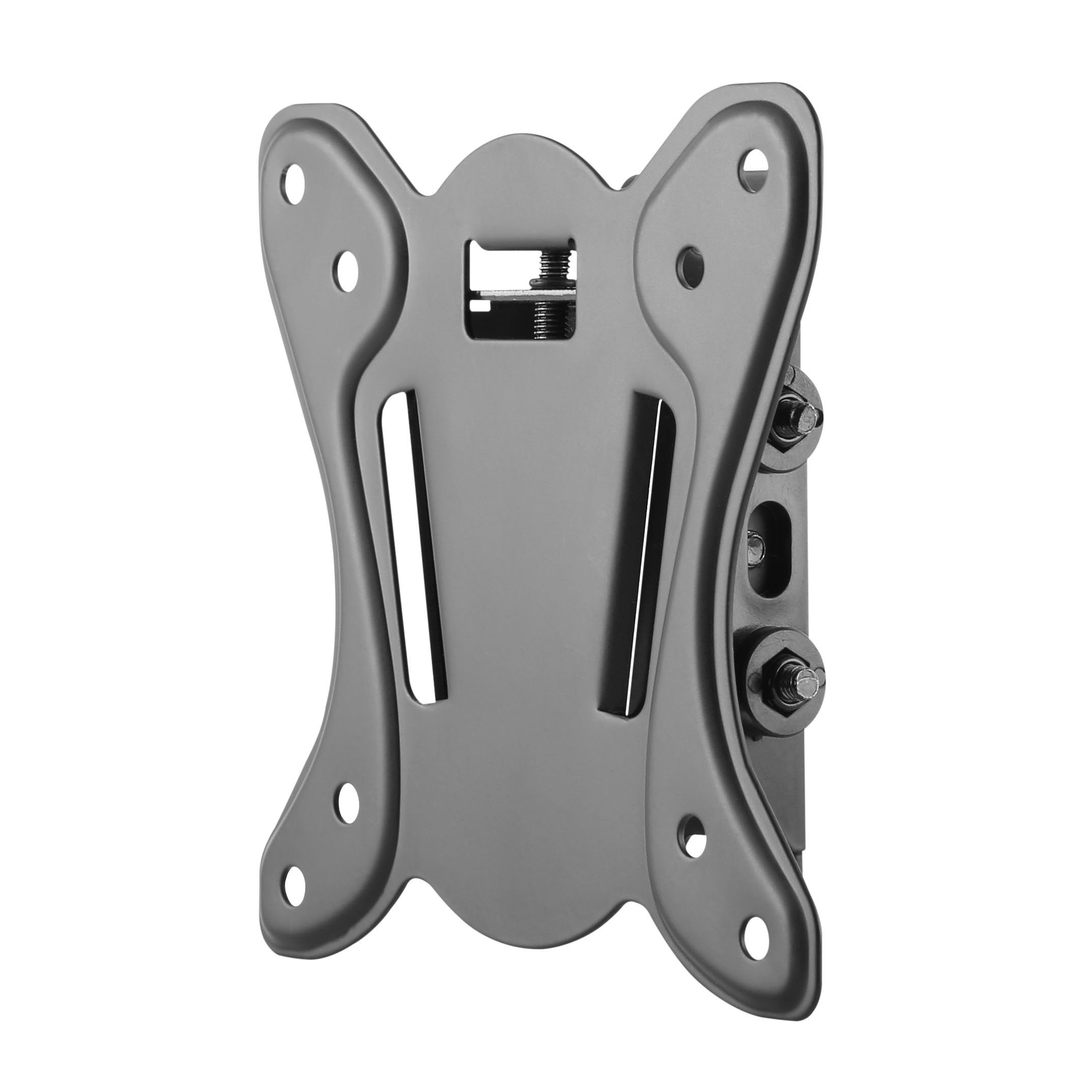 Supporto monitor in metallo grigio con fori e viti, isolato su bianco.