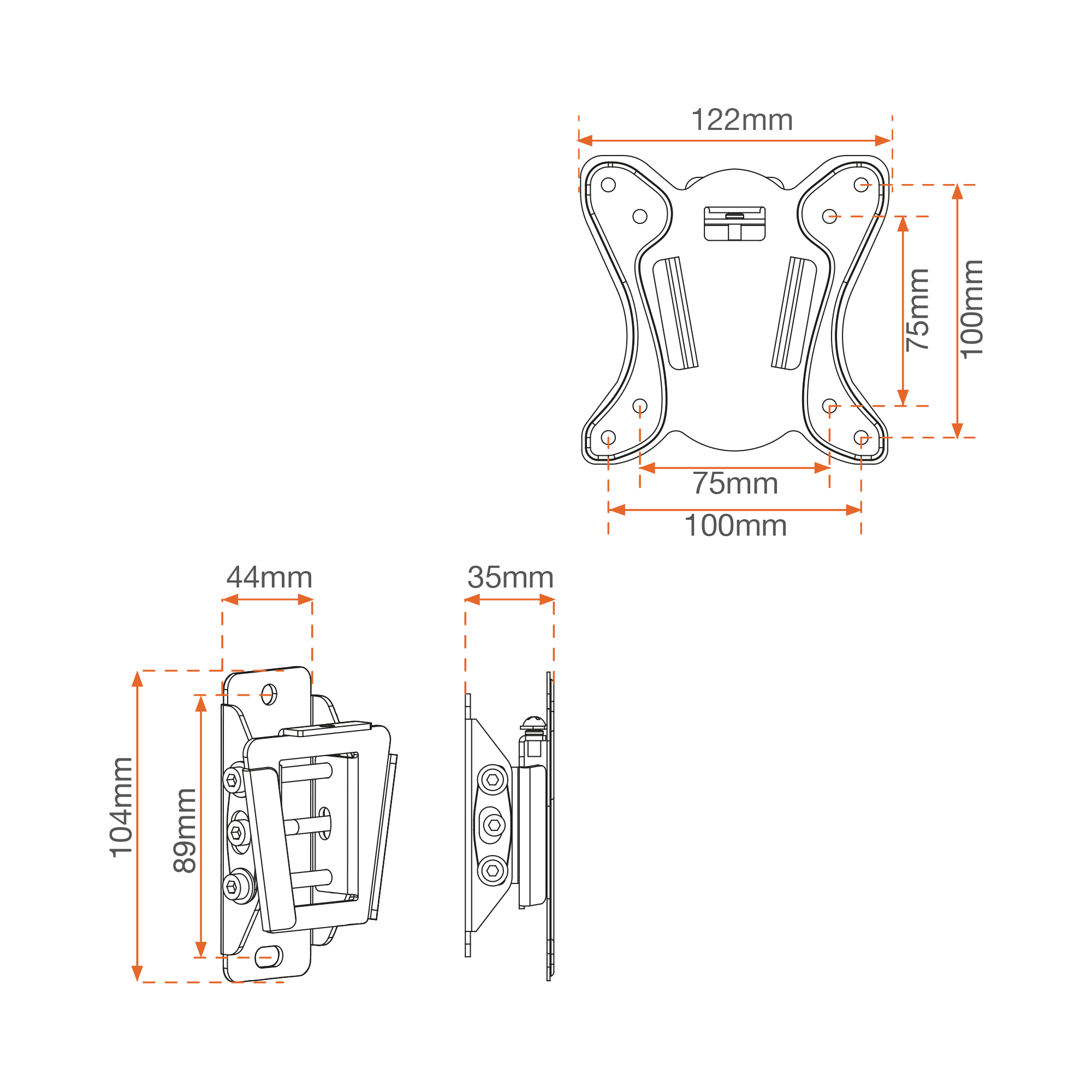 Disegno tecnico di un supporto a parete per TV, che mostra dimensioni e diverse viste.