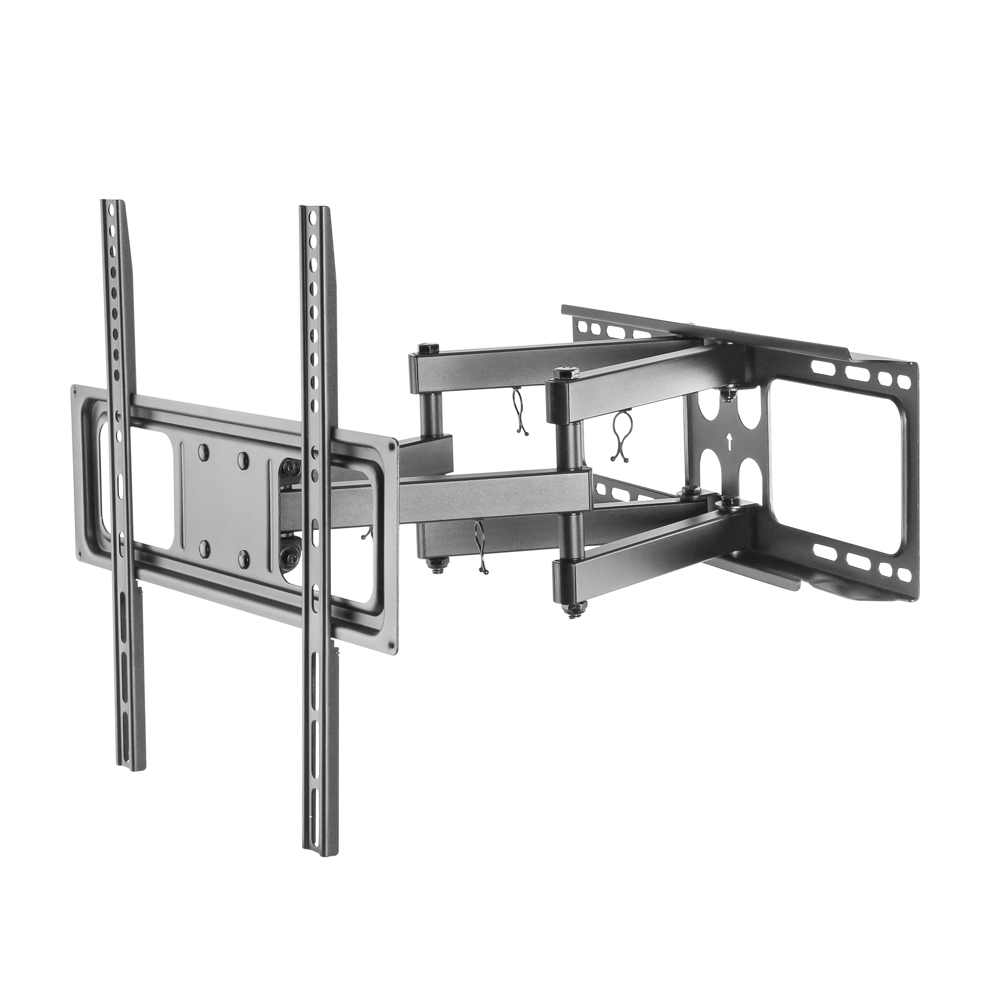 Soporte de pared para TV, gris metalizado. Brazos horizontales ajustables, varios puntos de montaje. Fondo blanco.