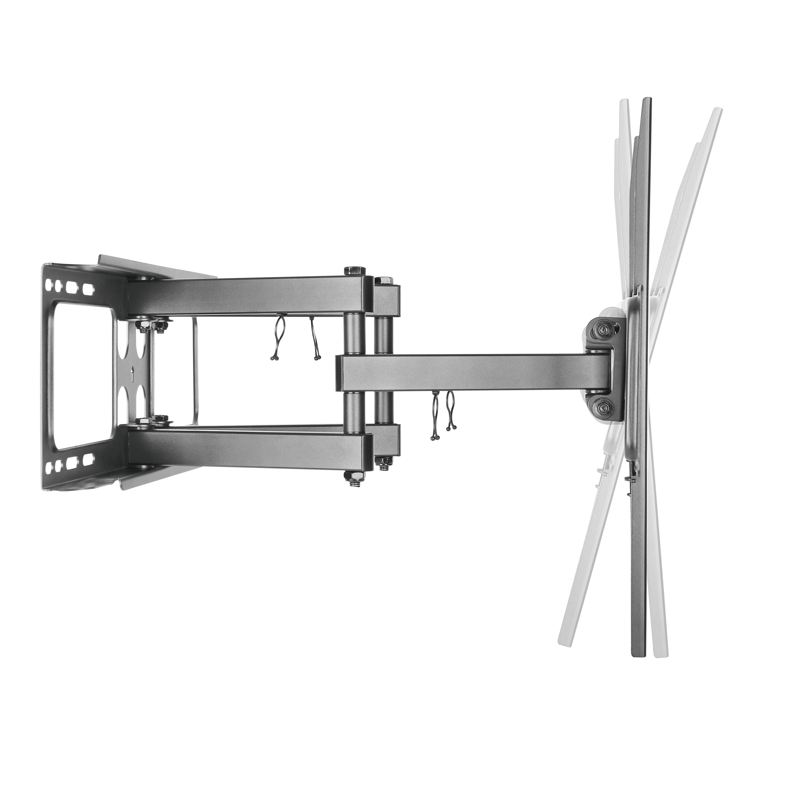 Soporte de pared para TV gris, brazo extendido, en ángulo, fondo blanco. Tornillos y cables visibles.