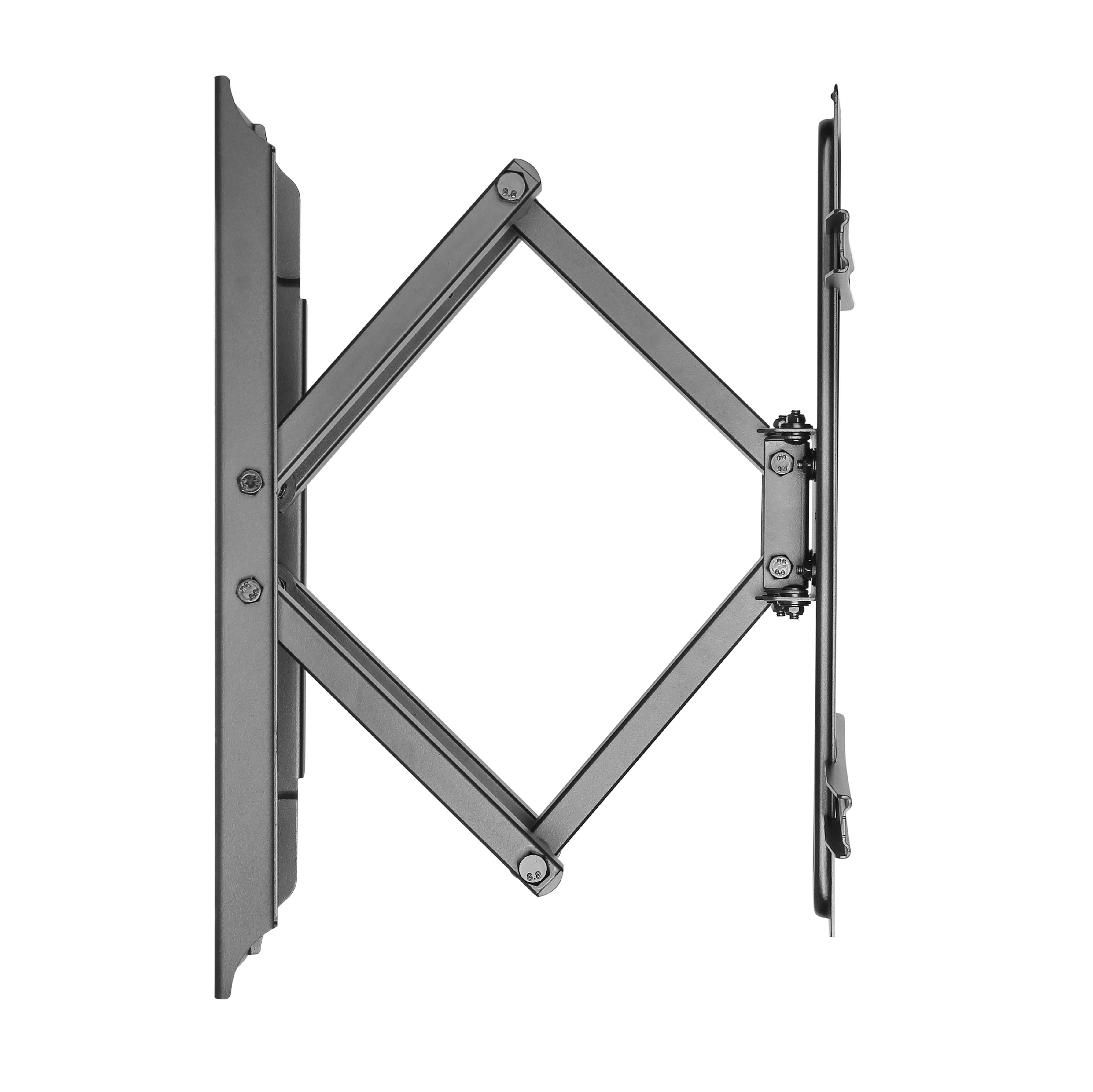 Soporte de pared para TV gris con brazo extensible. Está montado en la pared. El mecanismo es visible.