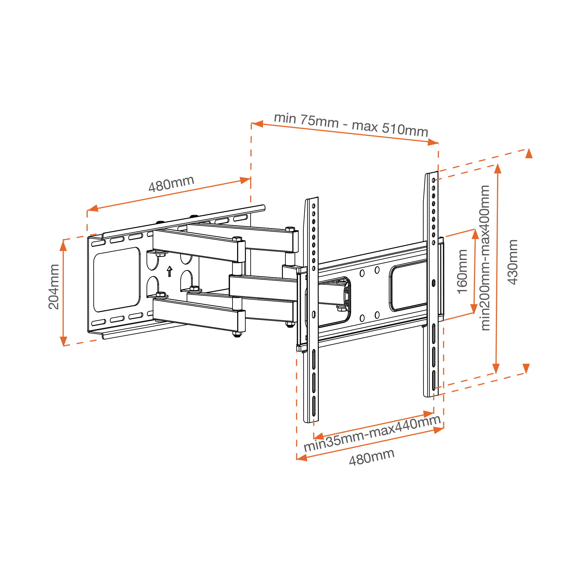 Diagrama de un soporte de pared para TV, que muestra dimensiones y características ajustables.