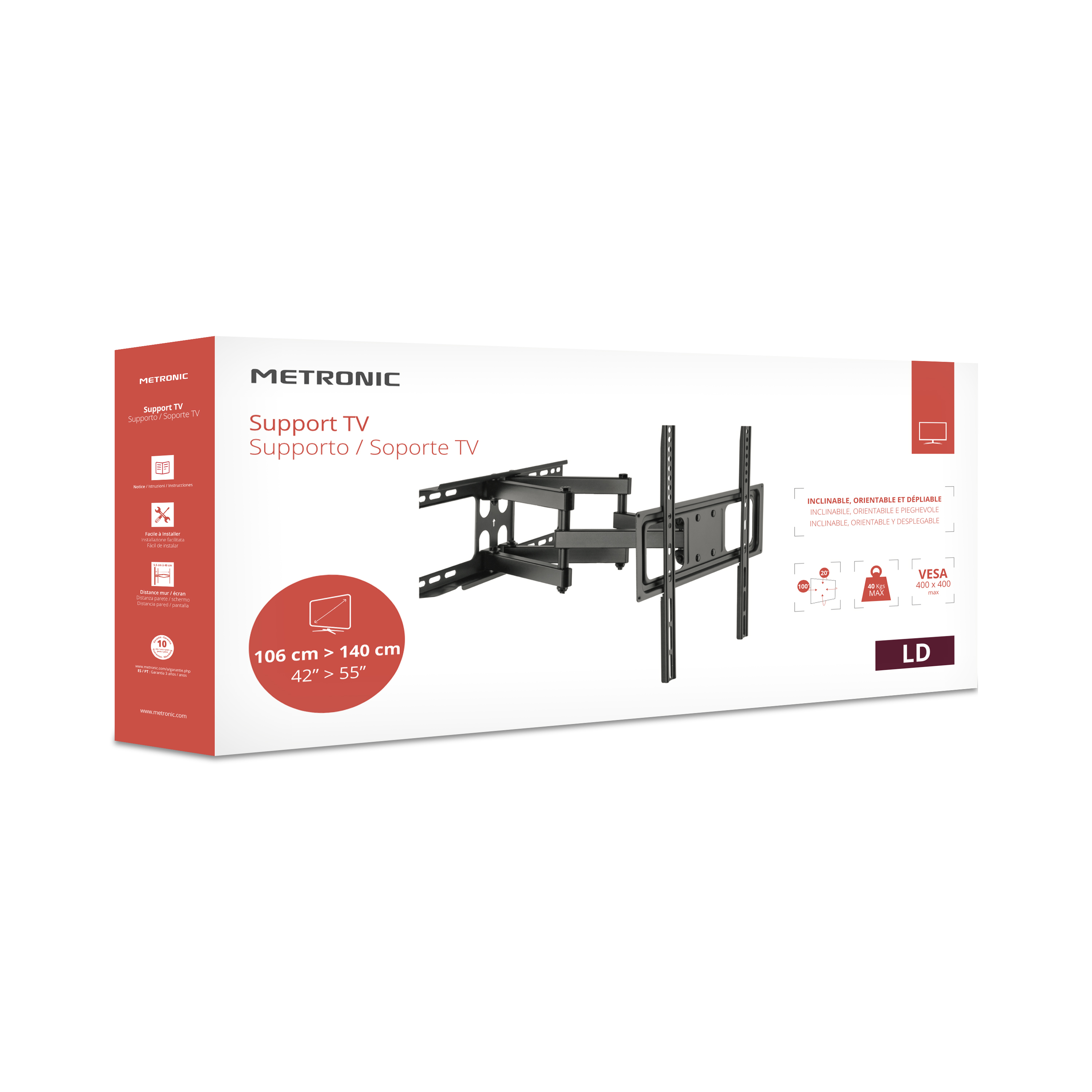 Caja de soporte de TV con detalles e imágenes del producto.