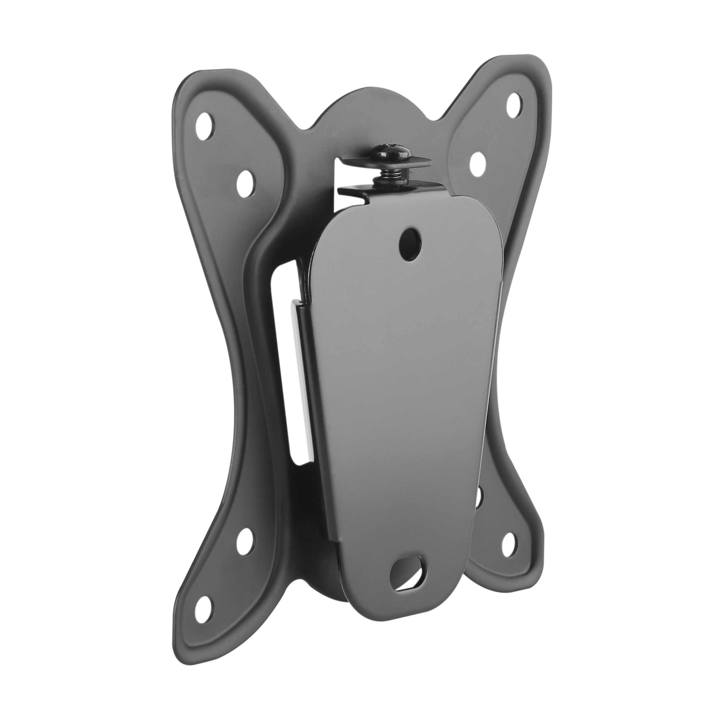 Soporte de pared para TV, gris, con agujeros para tornillos y un mecanismo central. Sobre fondo blanco.