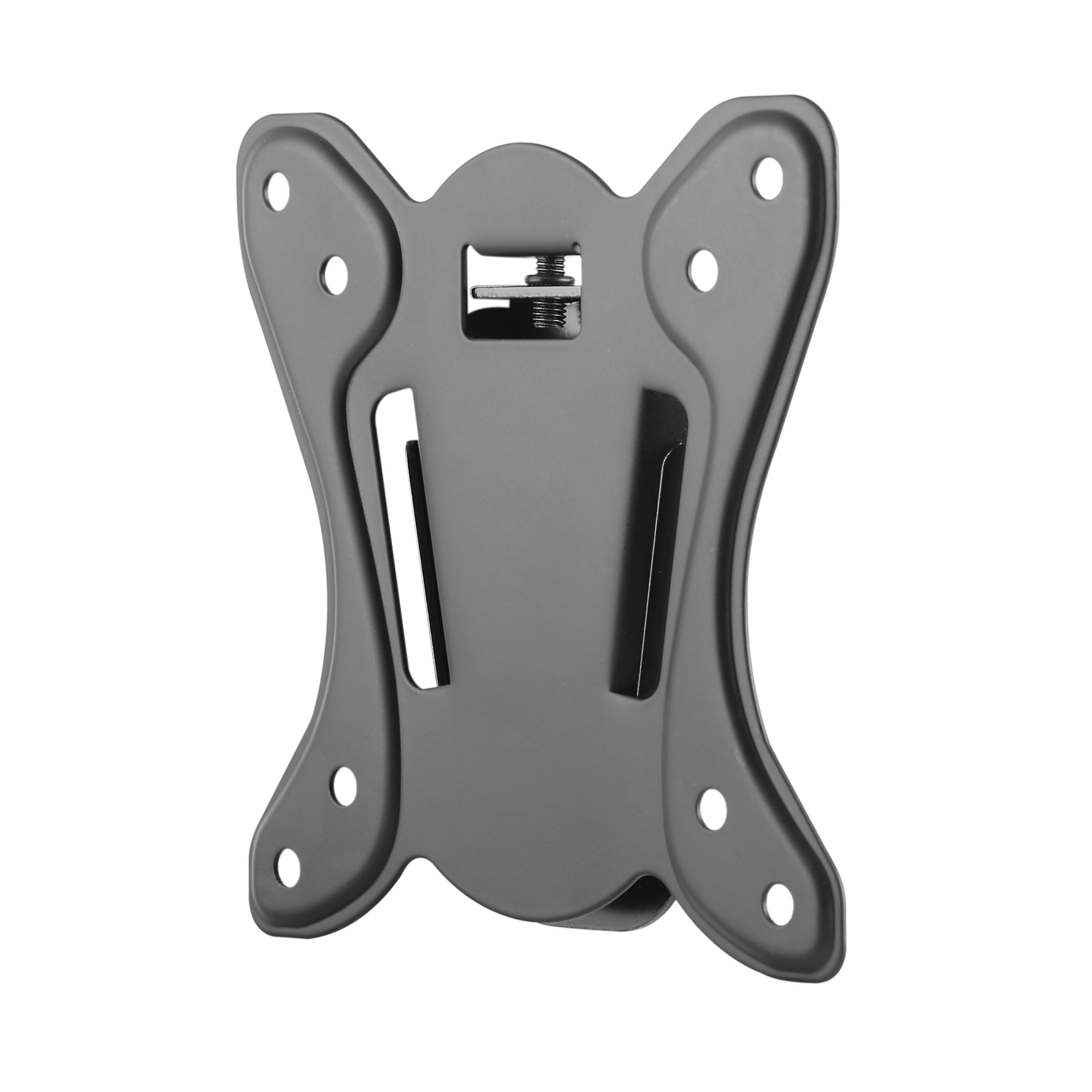 Un soporte de TV de metal gris con varios agujeros.