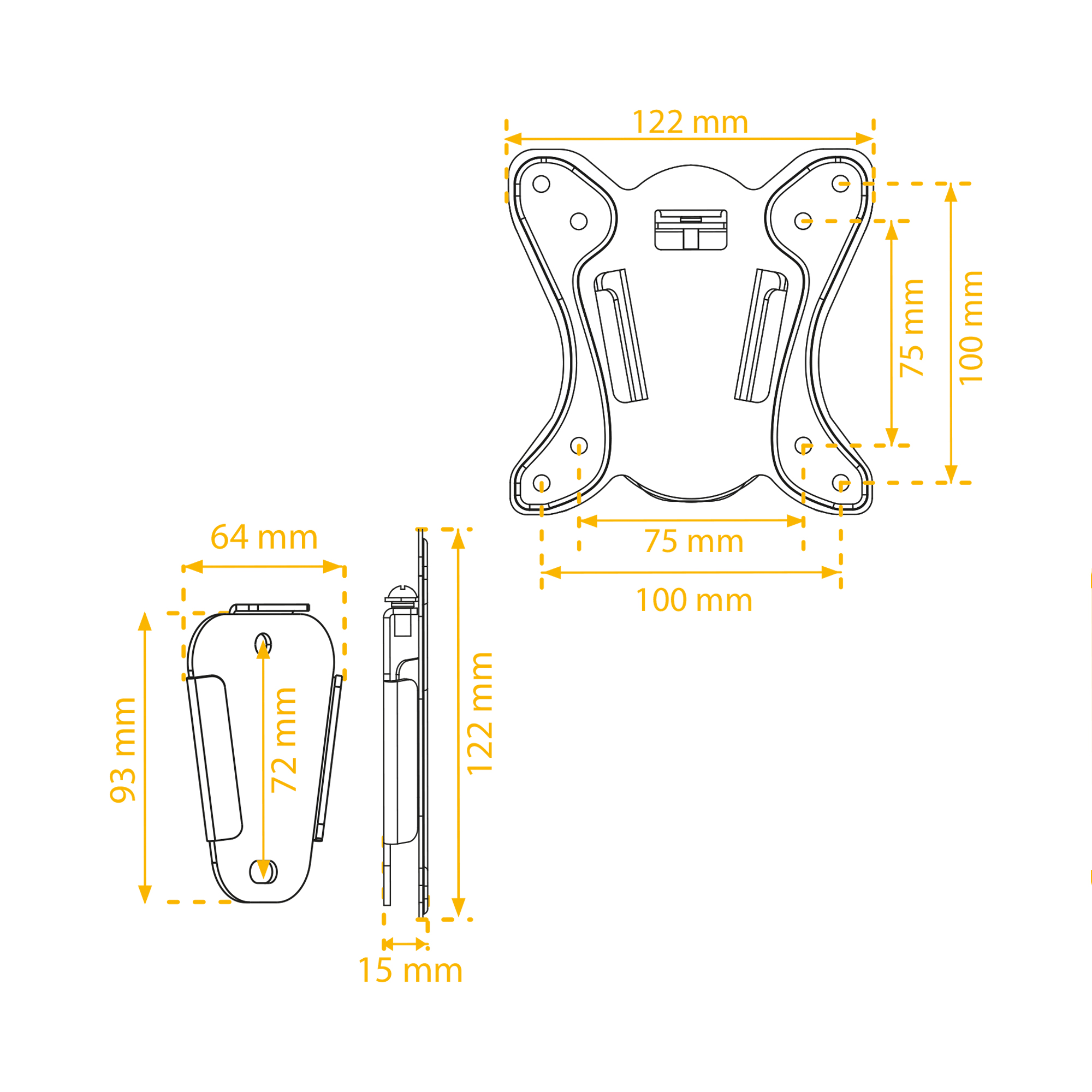 Dibujo técnico de un soporte de pared con medidas y dimensiones.