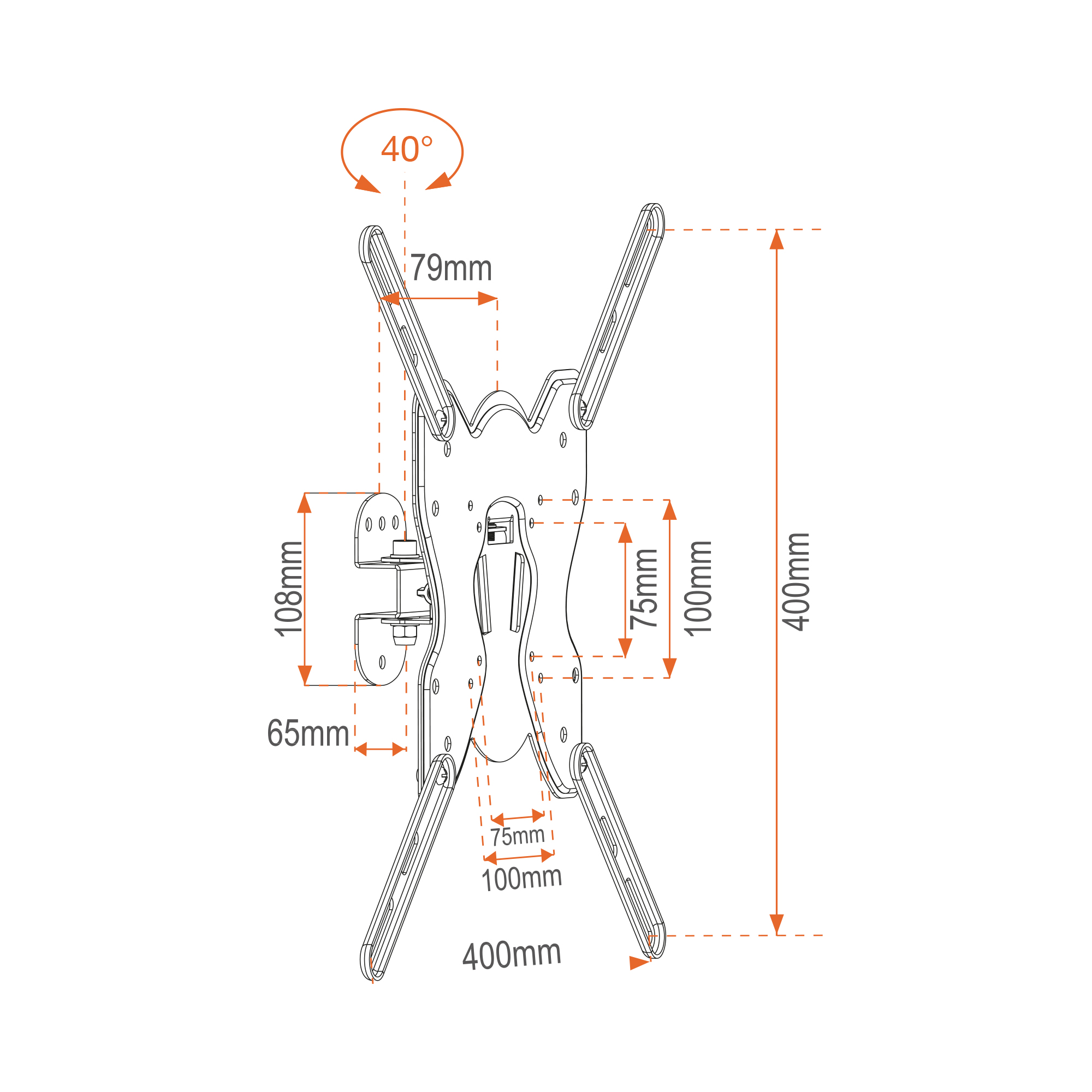 Diagrama de un soporte de pared para TV con dimensiones en milímetros, mostrando ángulos y medidas.