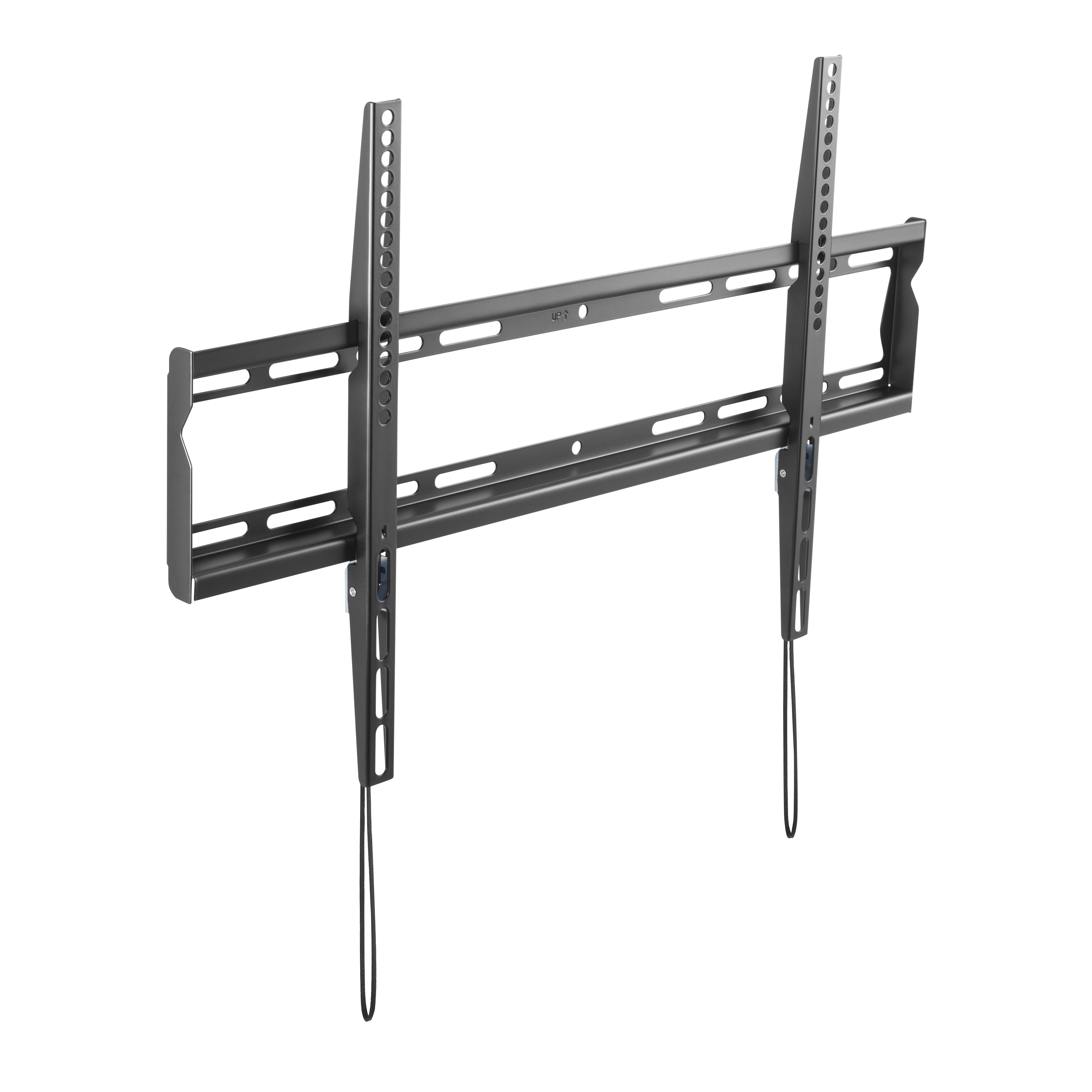 Soporte de pared para TV negro sobre fondo blanco. Es de metal y tiene cables colgantes.