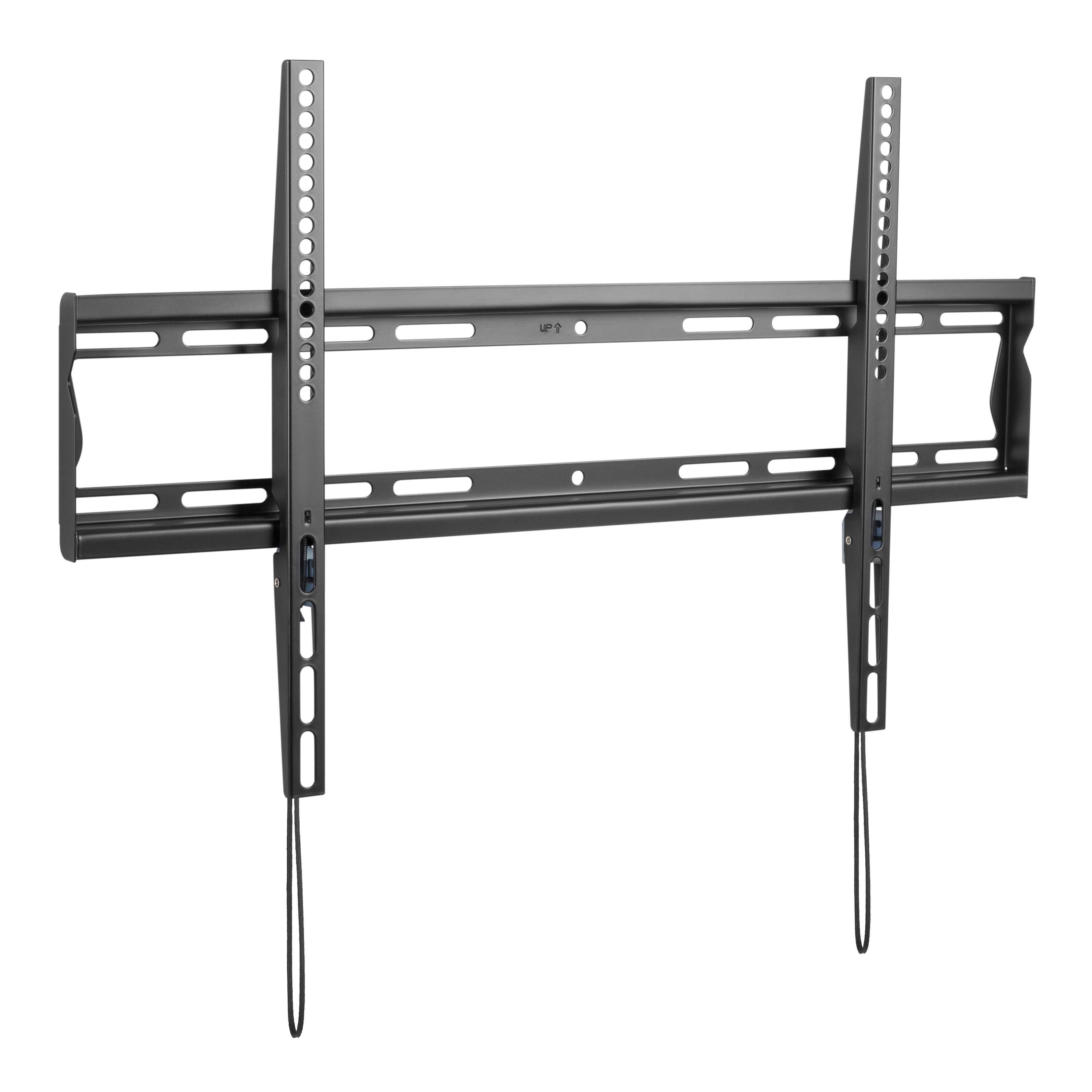 Soporte de pared para TV negro sobre fondo blanco.