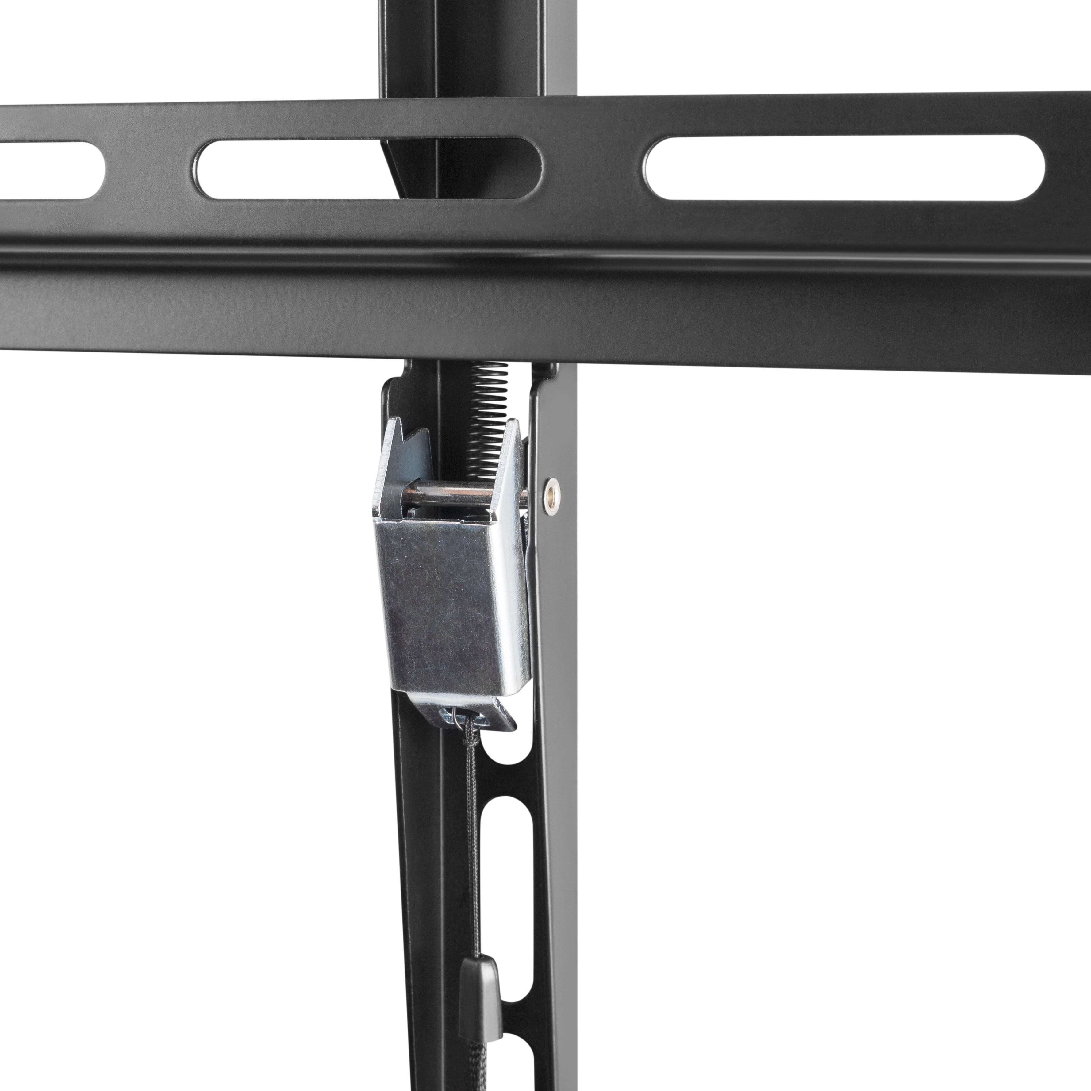 Primer plano de un soporte de metal negro para un televisor. El soporte tiene un soporte de metal.