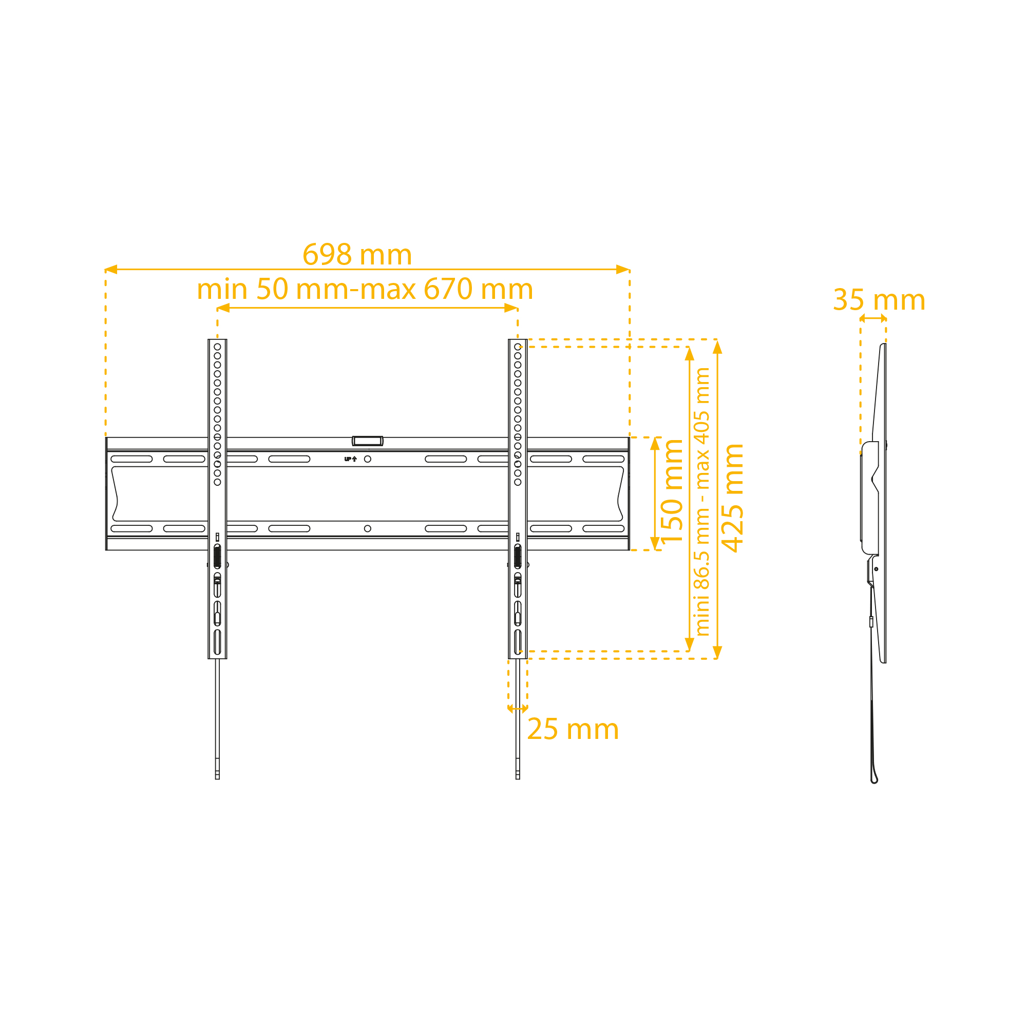 Dibujo técnico de un soporte de pared para TV con medidas en mm.
