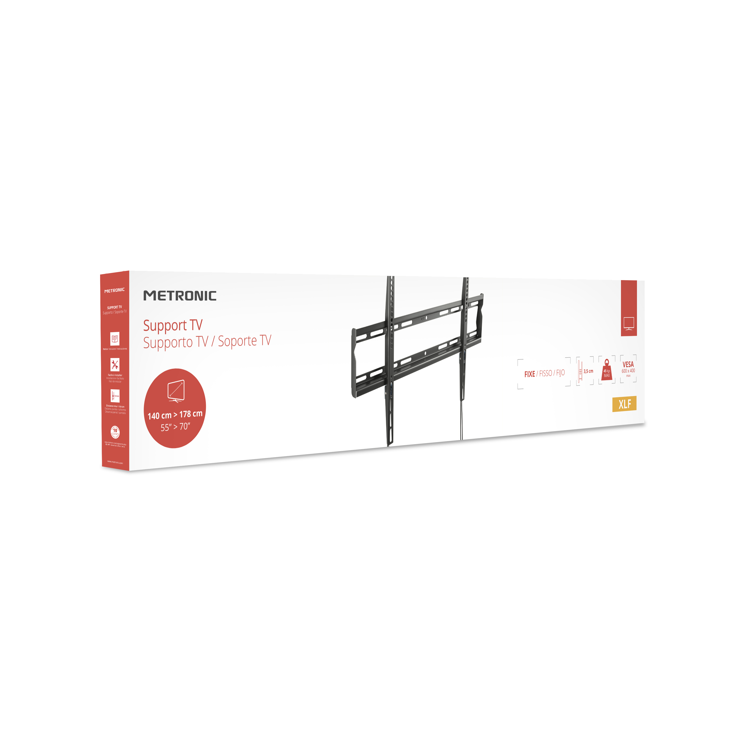 Una caja de montaje de TV Metronic. La caja es blanca con gráficos negros.