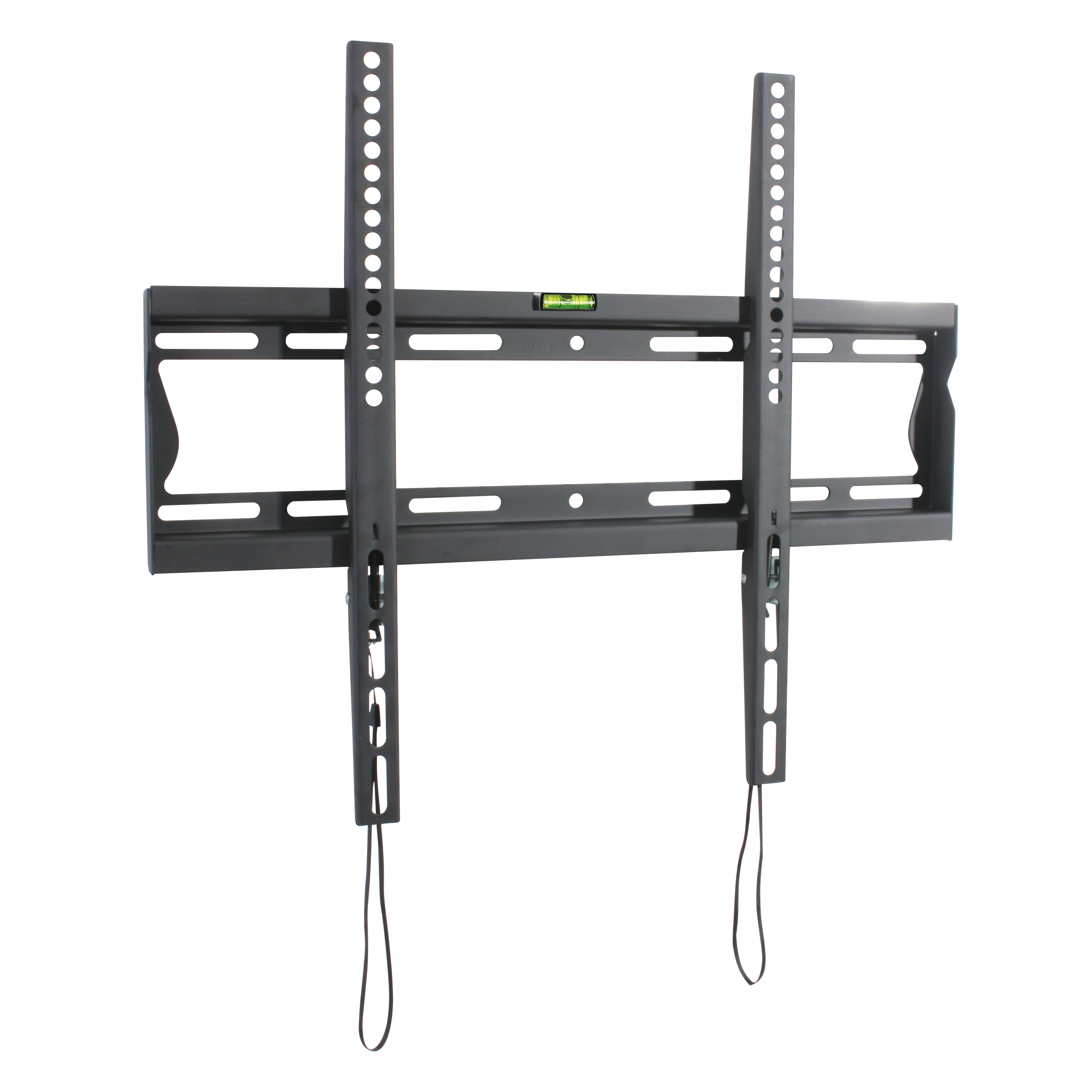 Un soporte de pared para TV negro con dos rieles verticales y barras de soporte horizontales, cables colgando.
