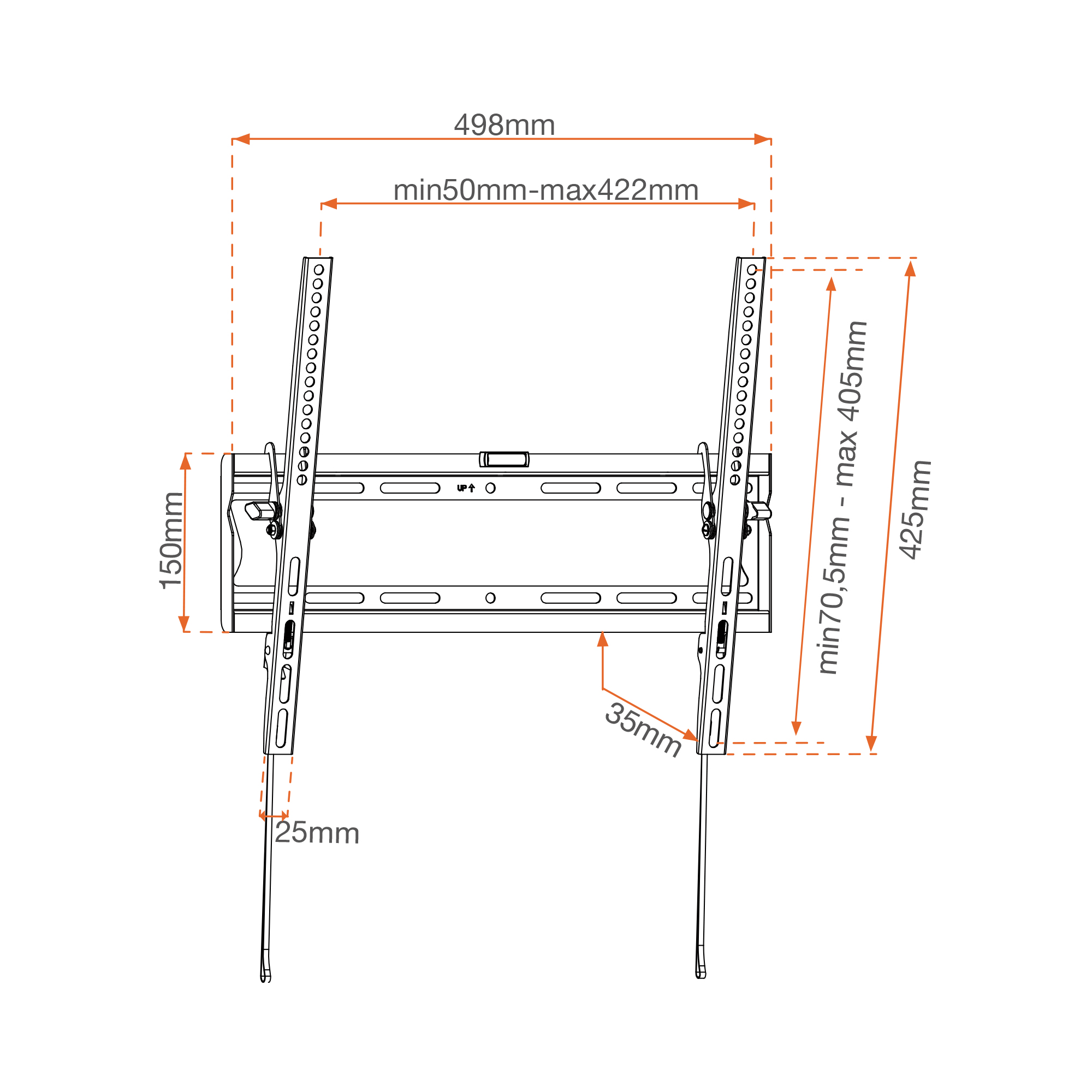 Diagrama con medidas. Muestra dimensiones para un soporte de pared de TV con fondo blanco.
