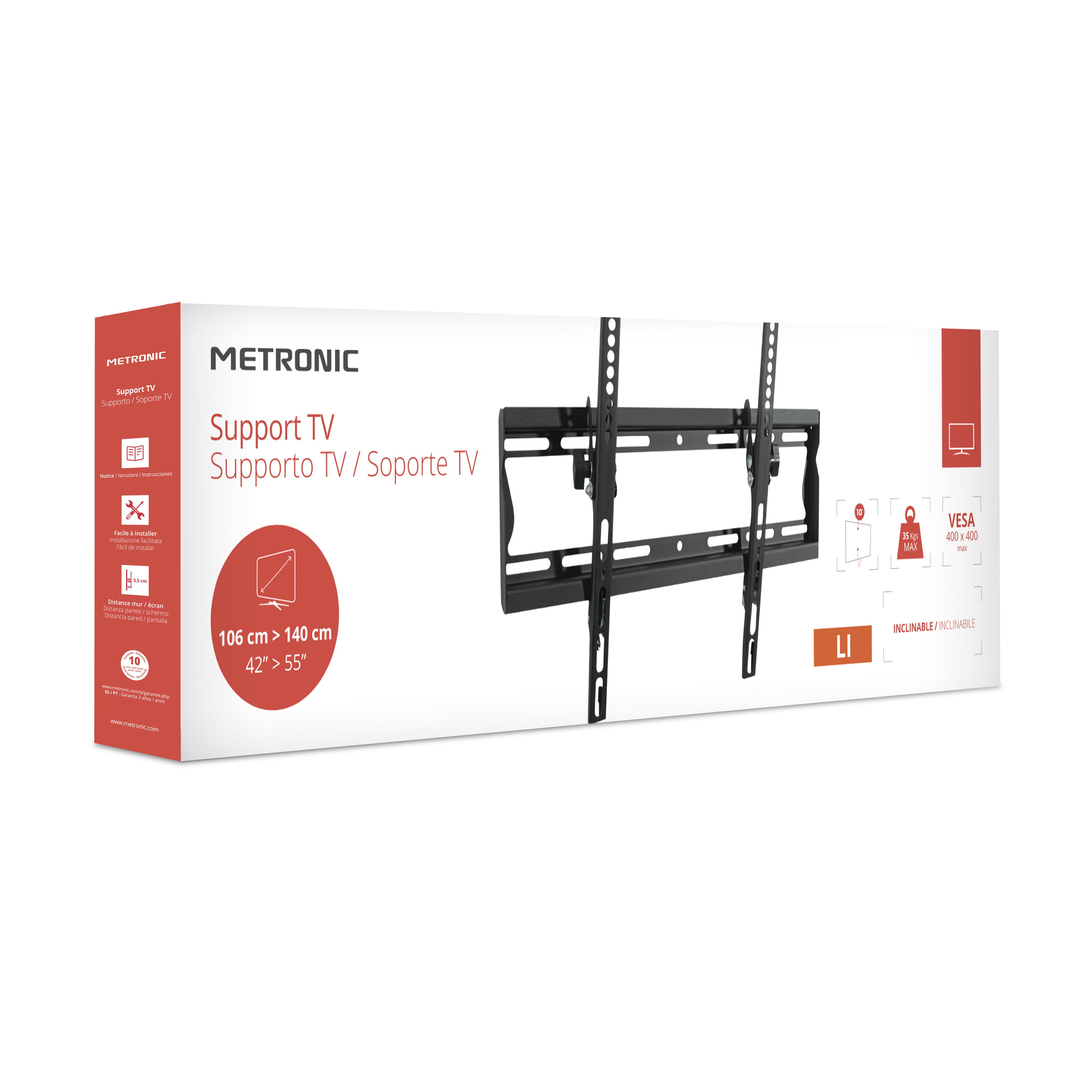 Caja blanca y roja para soporte de TV con un soporte negro y detalles del producto.