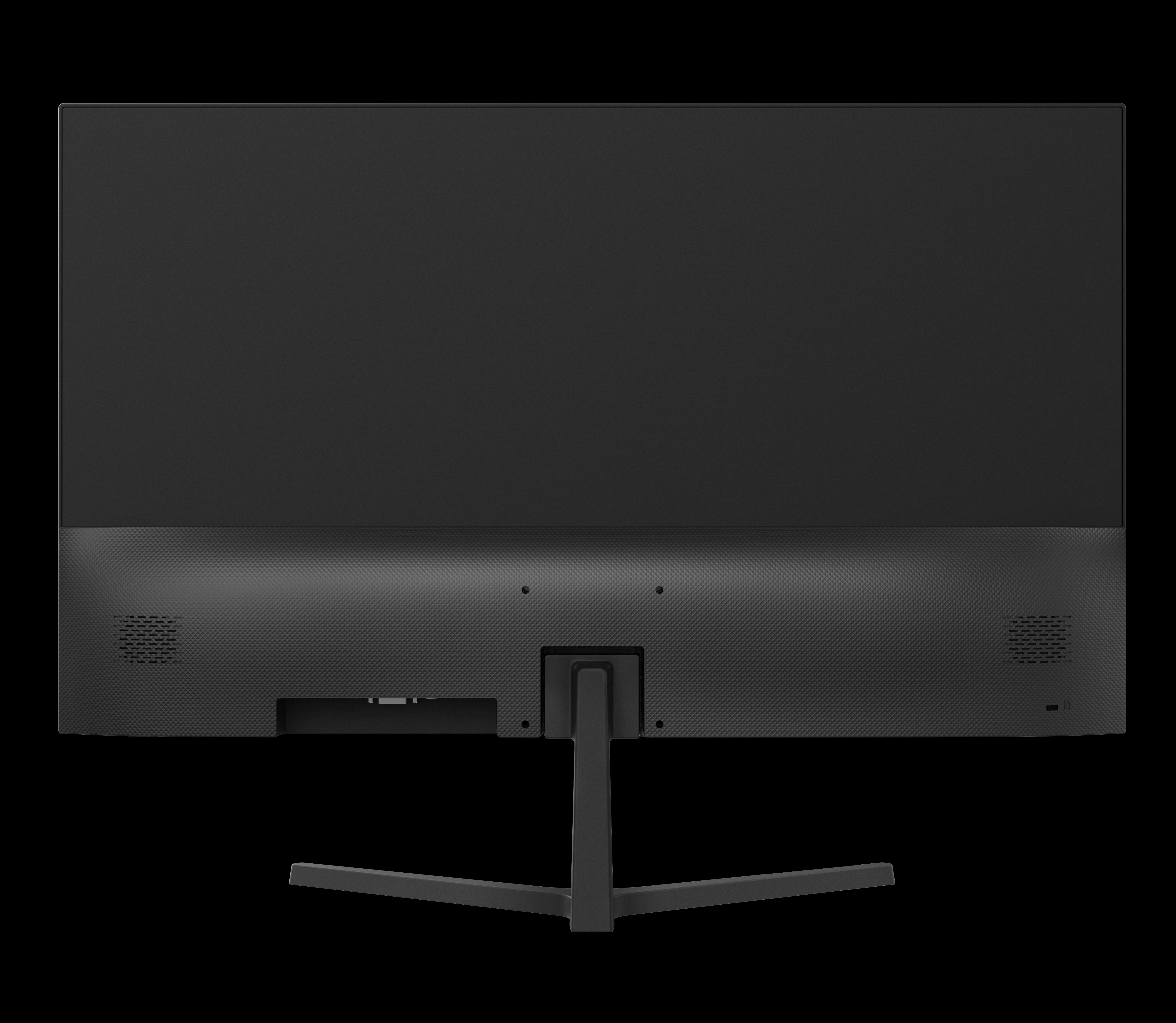 Achterkant van een zwarte computermonitor met een standaard, met ventilatieopeningen, ingangen en een textuurpatroon.