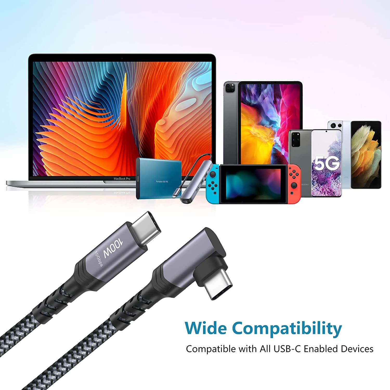 Kable USB-C z urządzeniami: MacBook Pro, tablety, telefony i Nintendo Switch. Tekst: Szeroka kompatybilność.