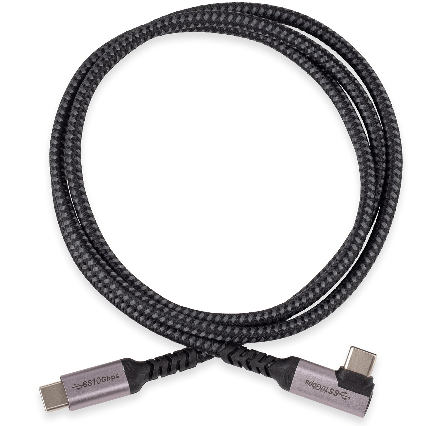 Zwinięty czarny kabel ze złączami USB-C, pokazujący SS10Gbps.