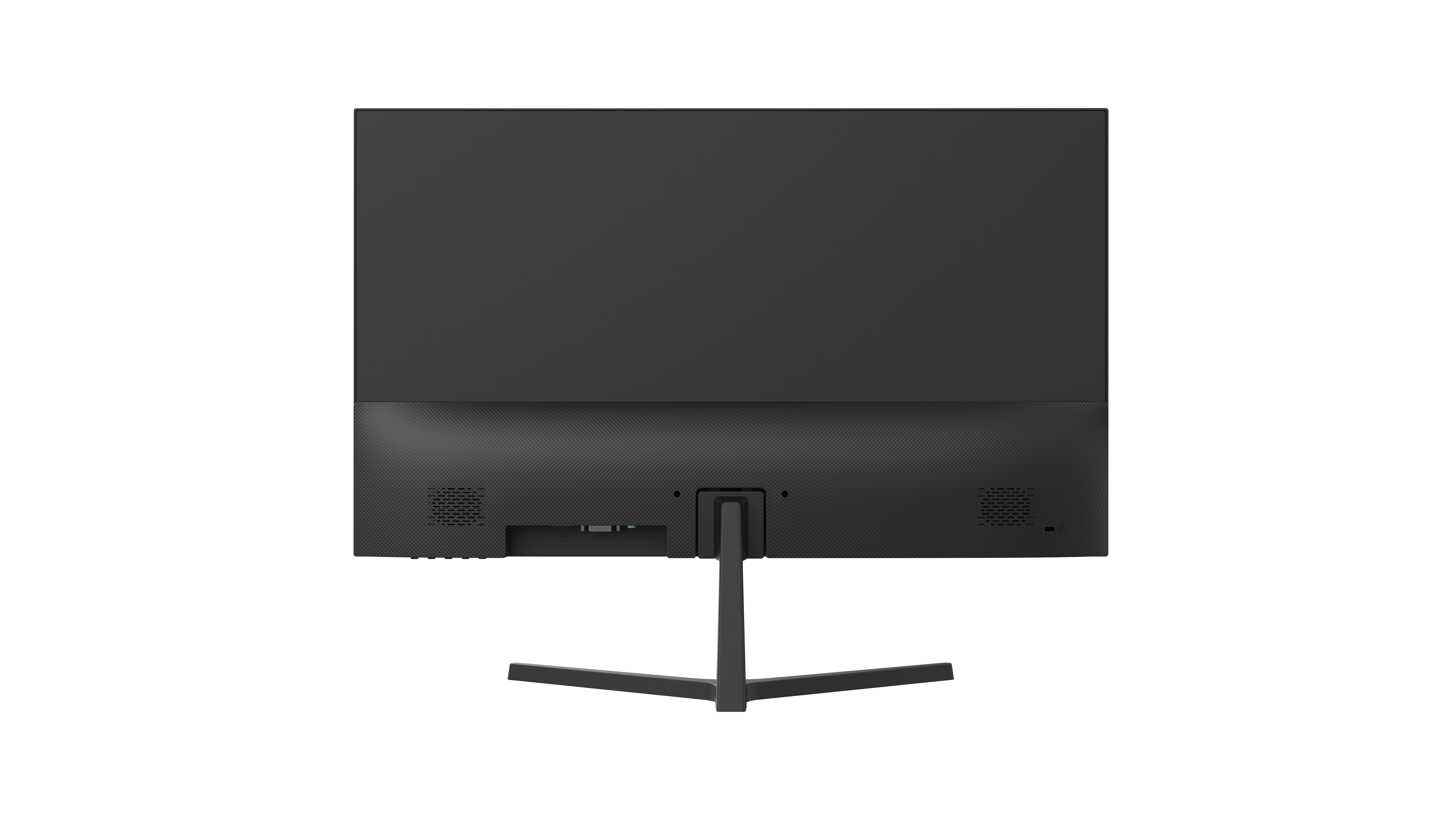 Achteraanzicht van een zwarte computermonitor met standaard, op zwarte achtergrond.