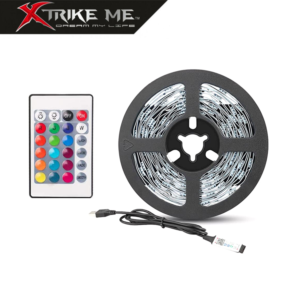 Tiras de luces LED en un rollo, con un mando a distancia y un cable USB, sobre un fondo blanco.