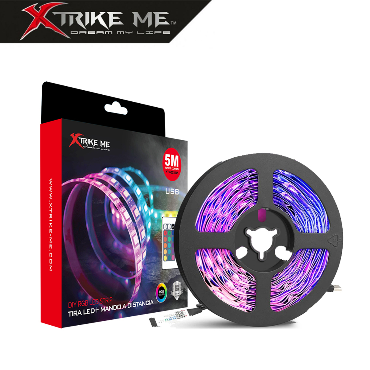 Tira LED RGB enrollada, caja con logo. Muestra colores azul, rosa y púrpura.