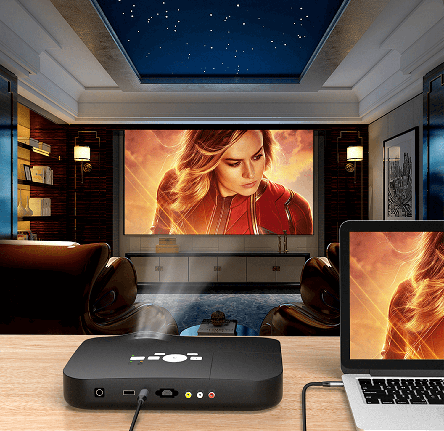 Projektor i laptop na stole wyświetlające scenę filmową na ekranie.