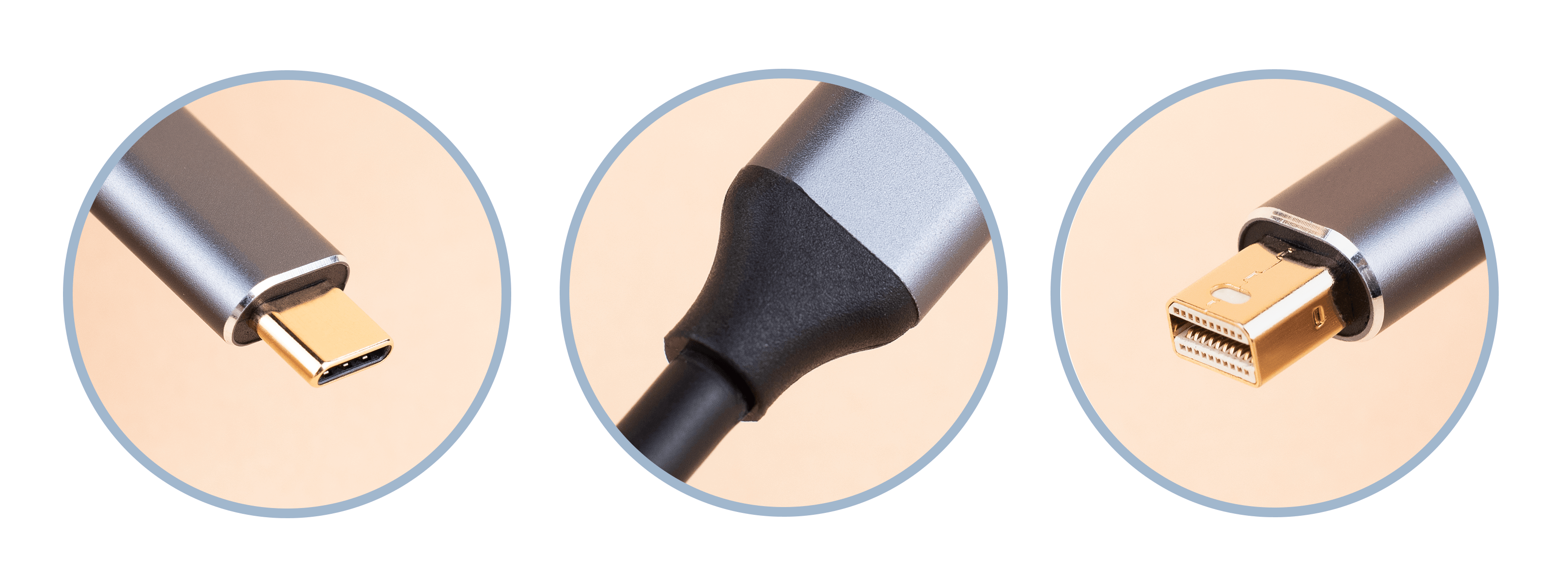 Trzy zbliżenia srebrnych i szarych złączy USB-C i Mini DisplayPort.
