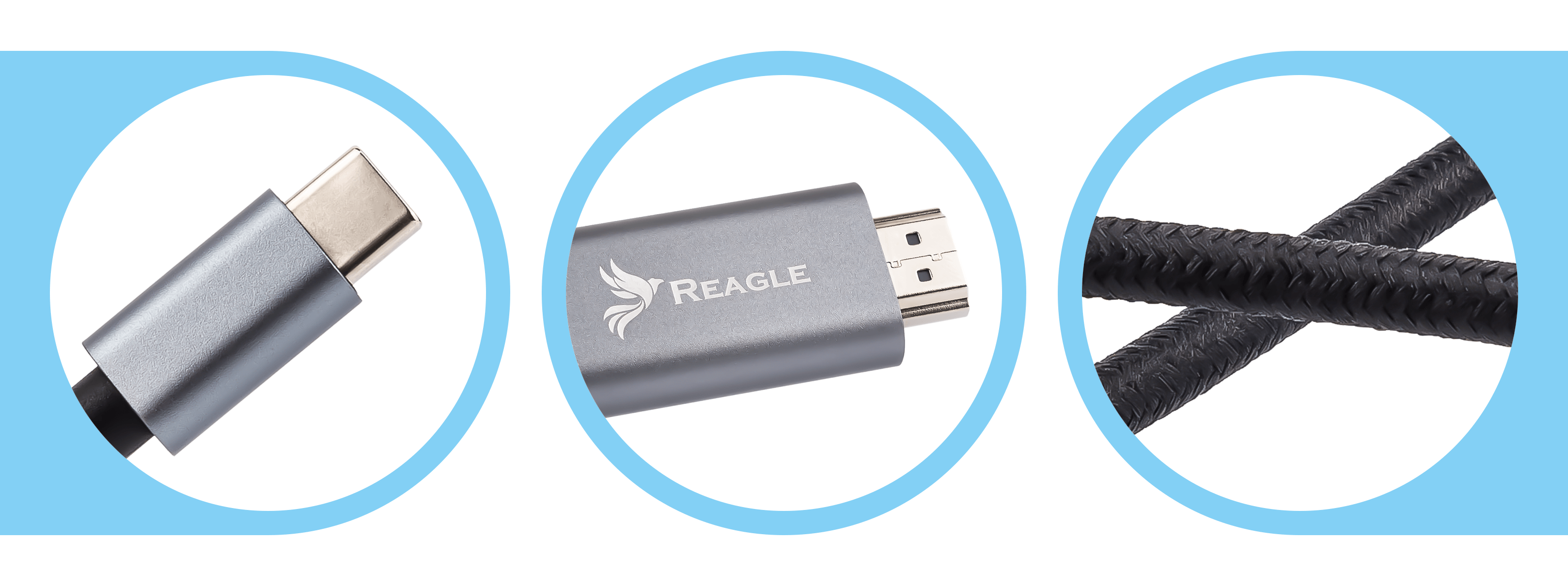 Trzy zbliżenia kabli HDMI i USB-C z niebieskimi okręgami na białym tle.