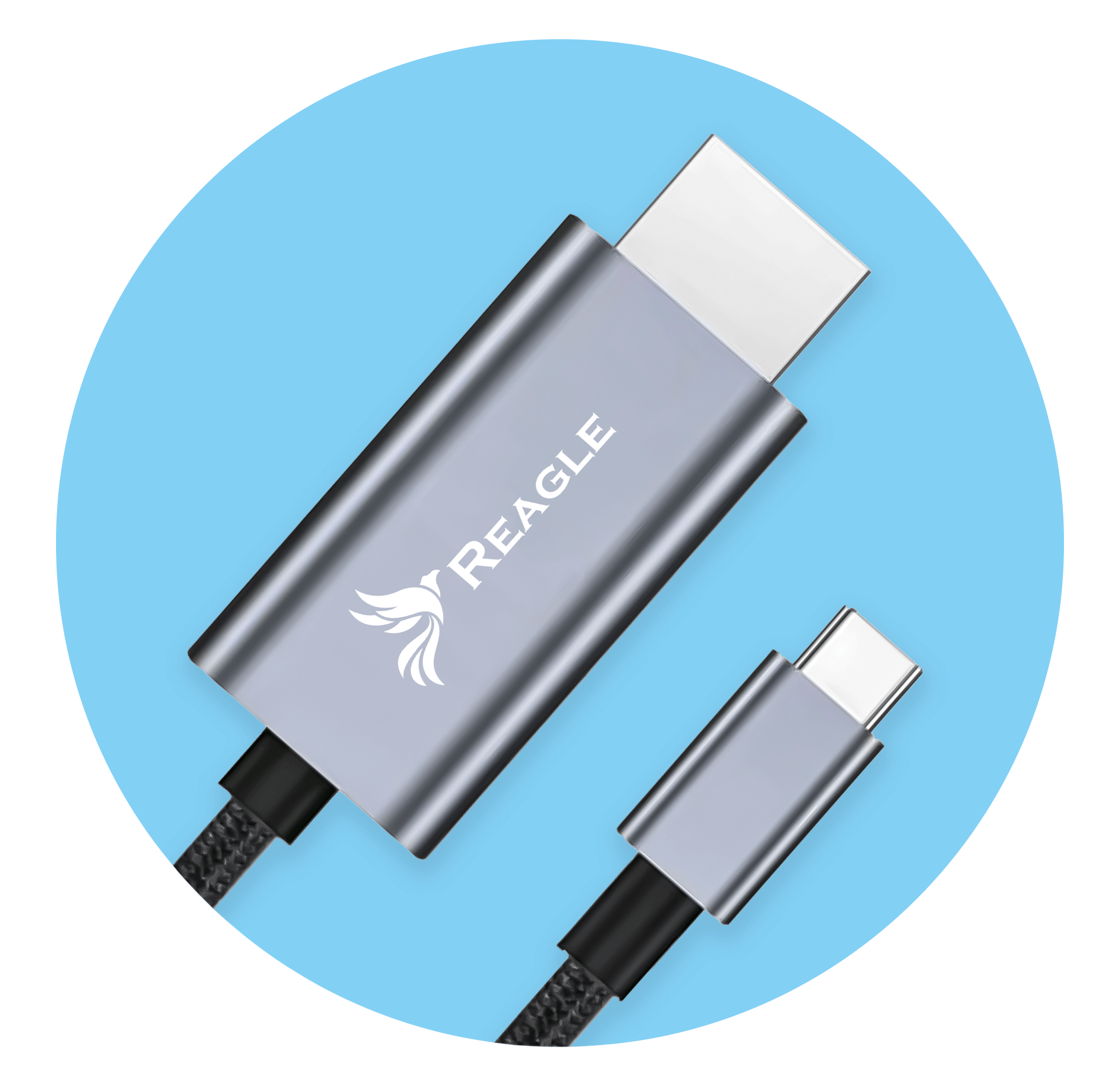 Szary kabel adaptera Reagle USB-C do HDMI, z niebieskim okrągłym tłem.