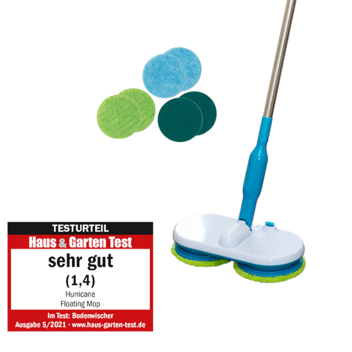Ein Bodenwischer mit Reinigungspads und einem Testetikett. Der Wischer ist blau und weiß, auf weißem Hintergrund.