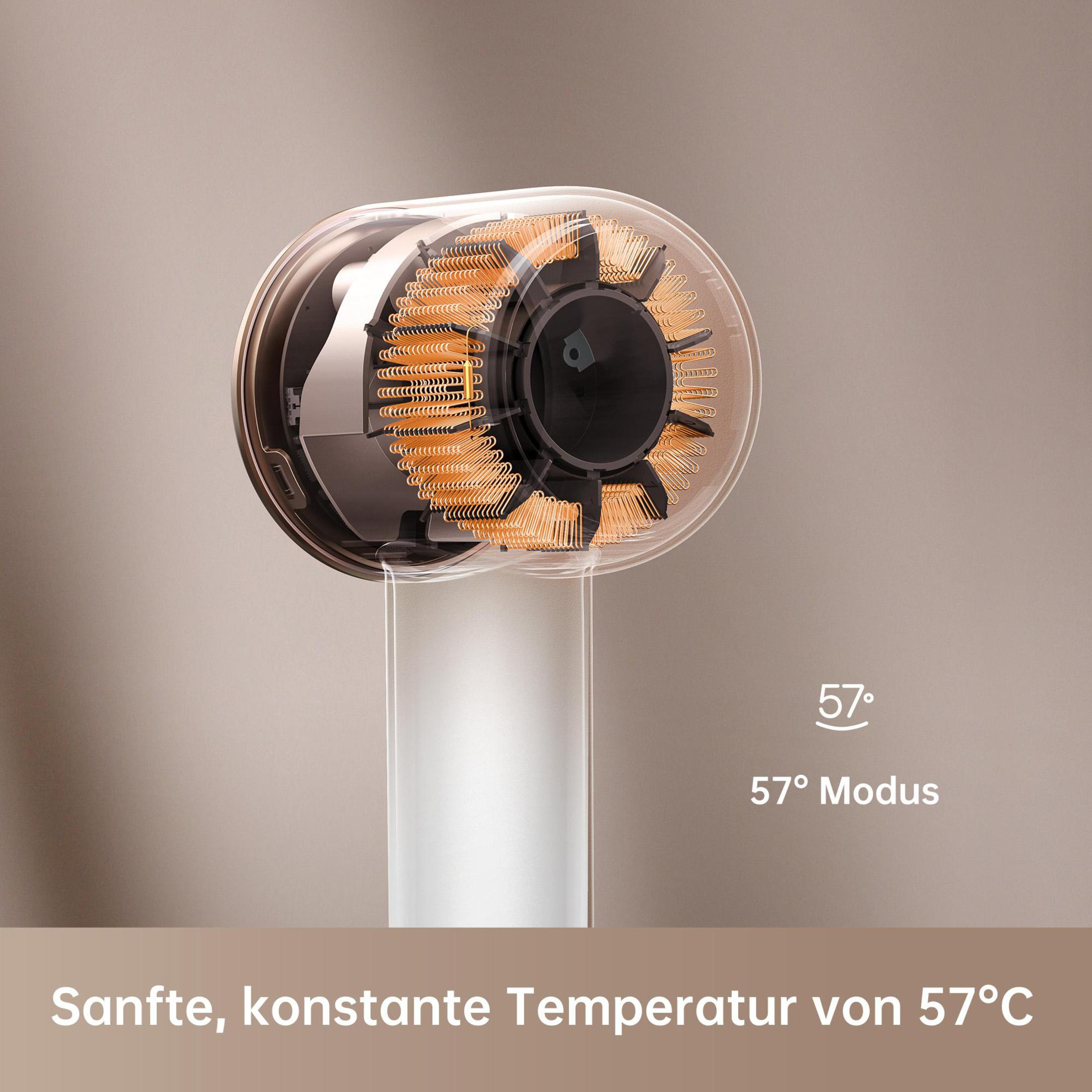 Un secador de pelo con cabezal de cepillo giratorio, abierto para mostrar los elementos calefactores internos. El texto dice 57° y 'Sanfte, konstante Temperatur'.