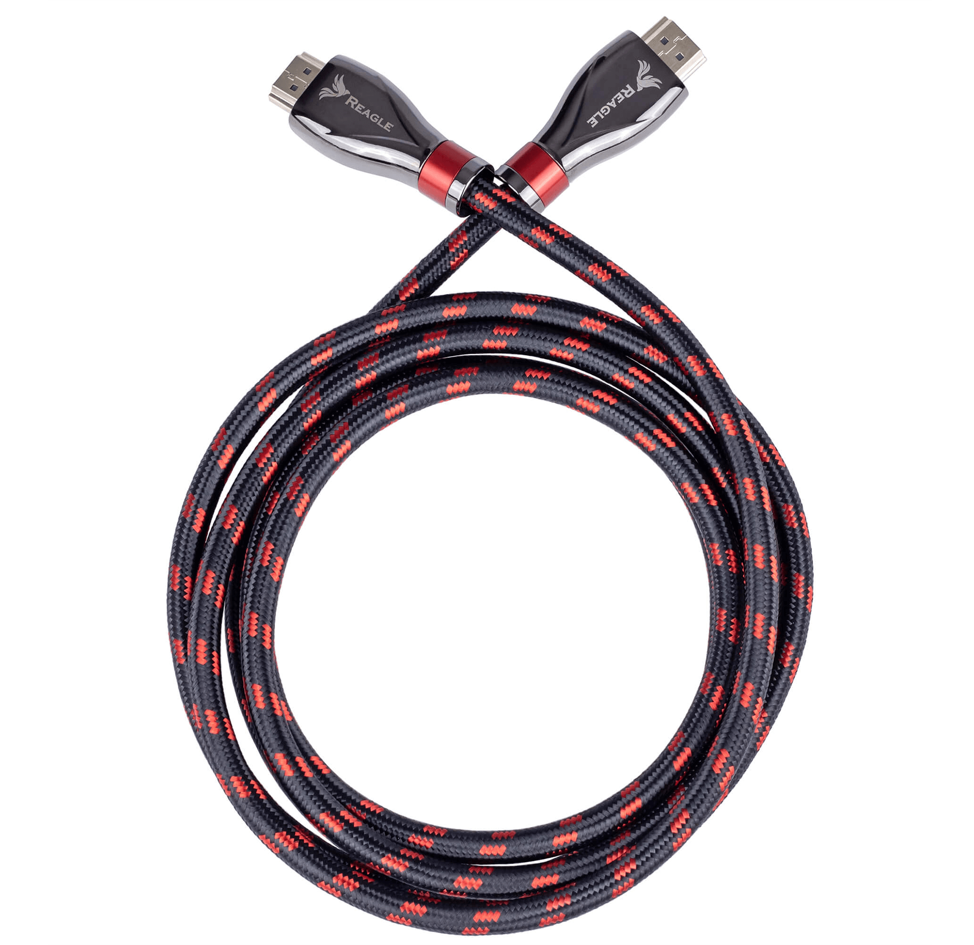 Czarny i czerwony kabel HDMI, zwinięty, z oznaczonymi złączami.