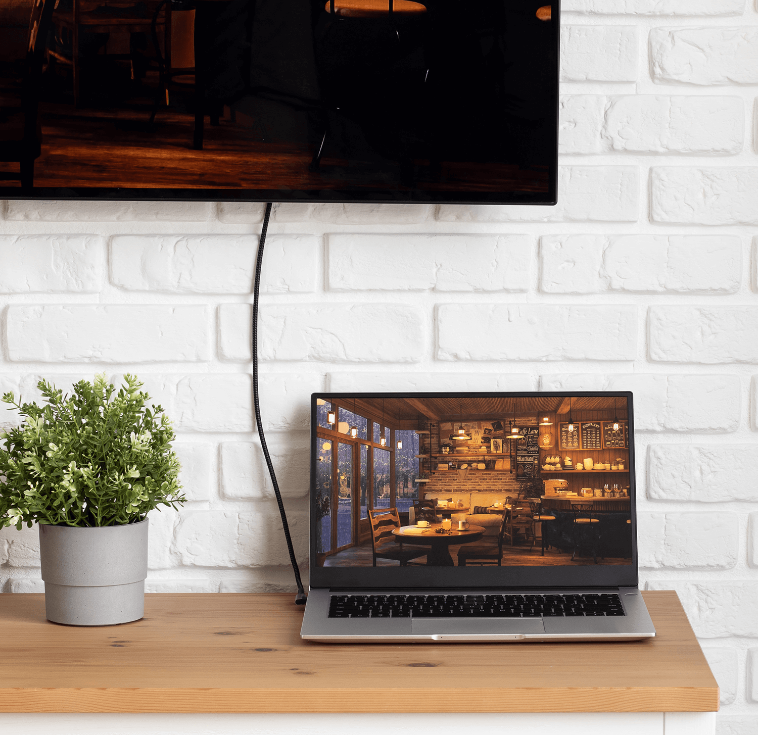 Laptop na drewnianym stole. TV nad nim. Roślina po lewej. Biała ceglana ściana w tle.