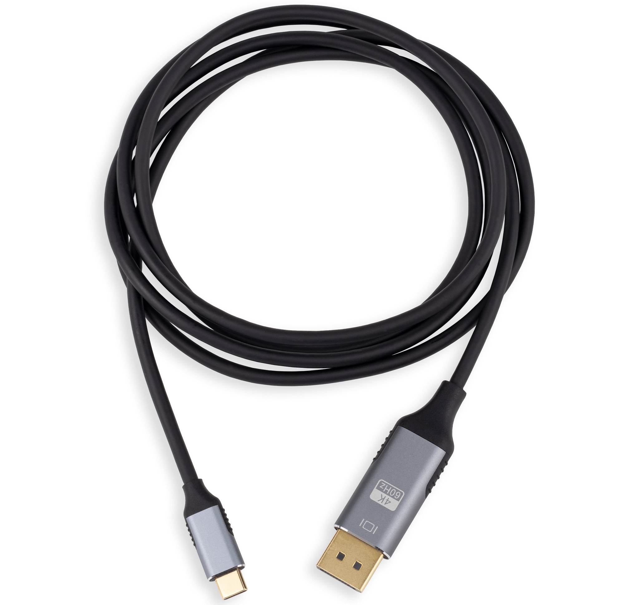 Czarny kabel z dwoma złączami. Jedno to USB-C, drugie to DisplayPort z etykietą 4K 60Hz.