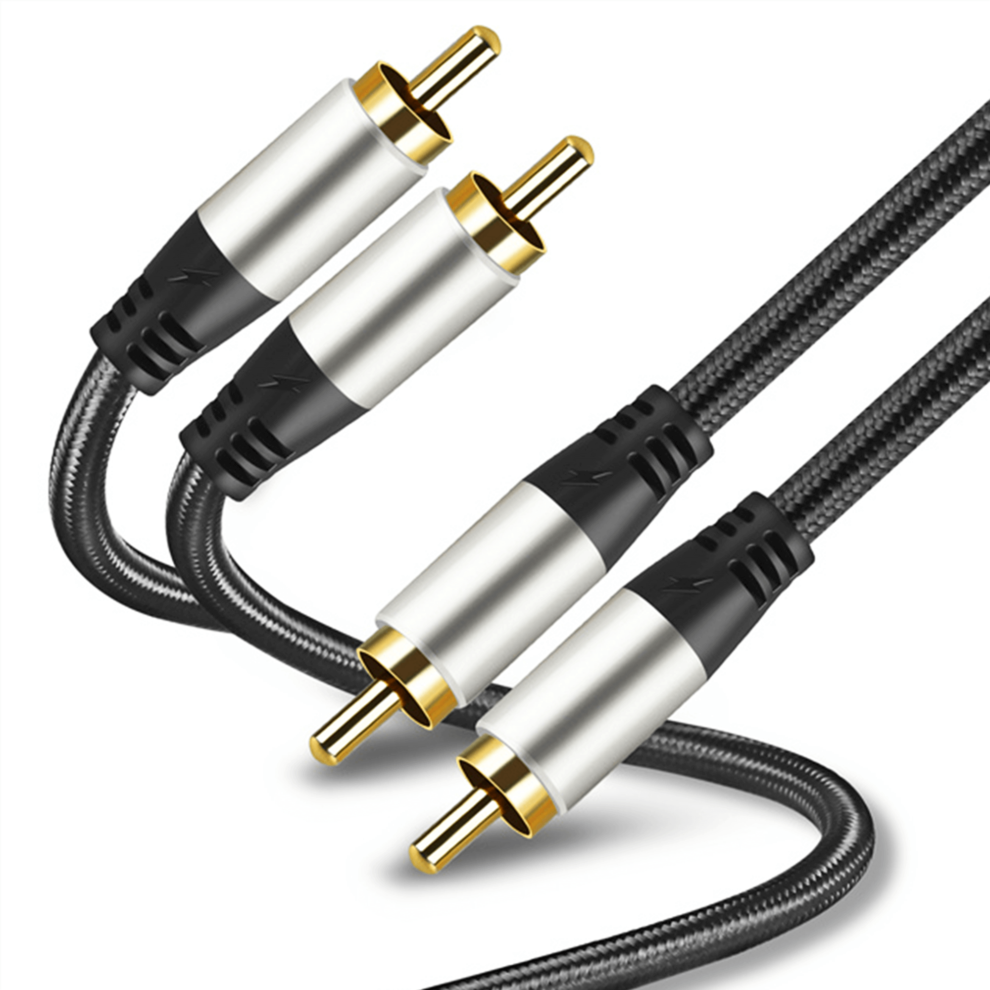 Due cavi audio RCA con connettori argentati. Lo sfondo è bianco.