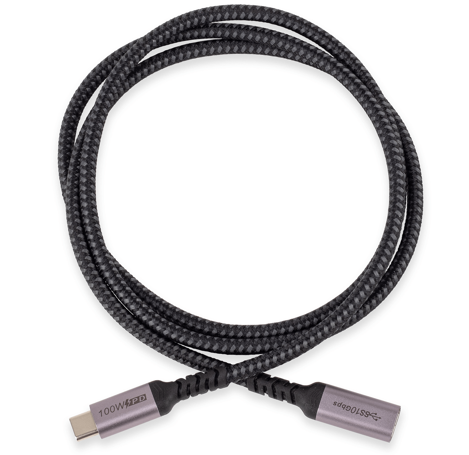 Pleciony kabel USB-C, czarny ze srebrnymi złączami.