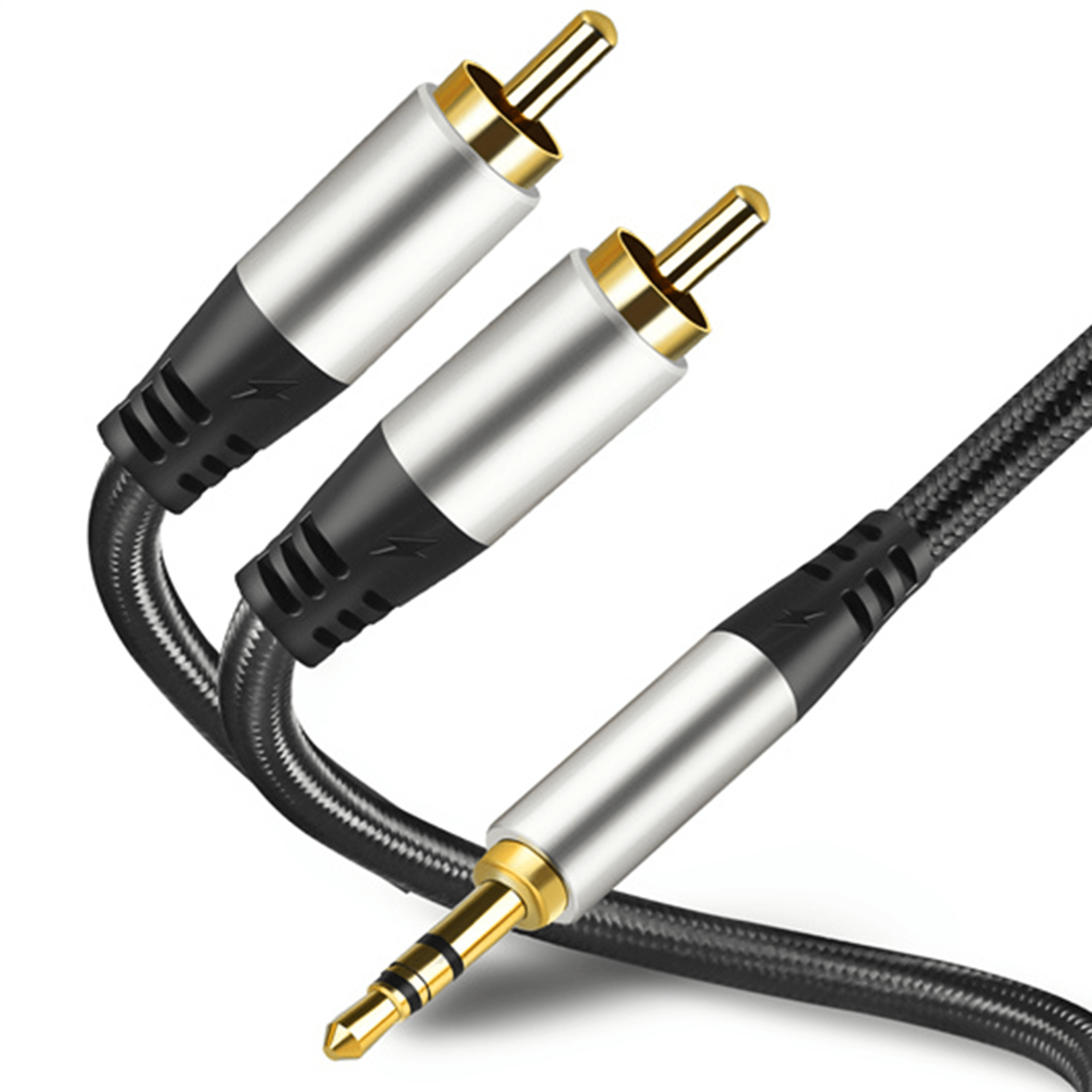 Audiokabel mit vergoldeten Steckern. Es hat ein schwarzes geflochtenes Kabel mit silbernen und schwarzen Steckern.