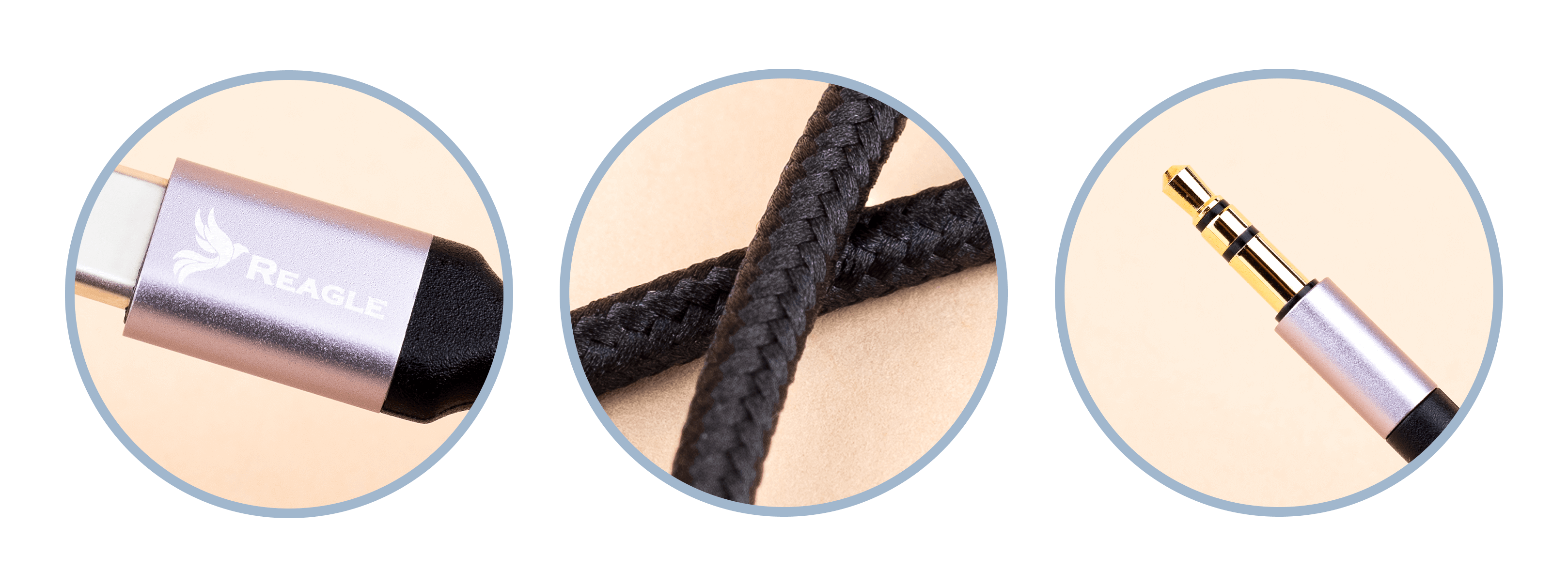 Zbliżenia złącza USB-C, plecionego kabla i gniazda 3,5 mm na jasnym tle.