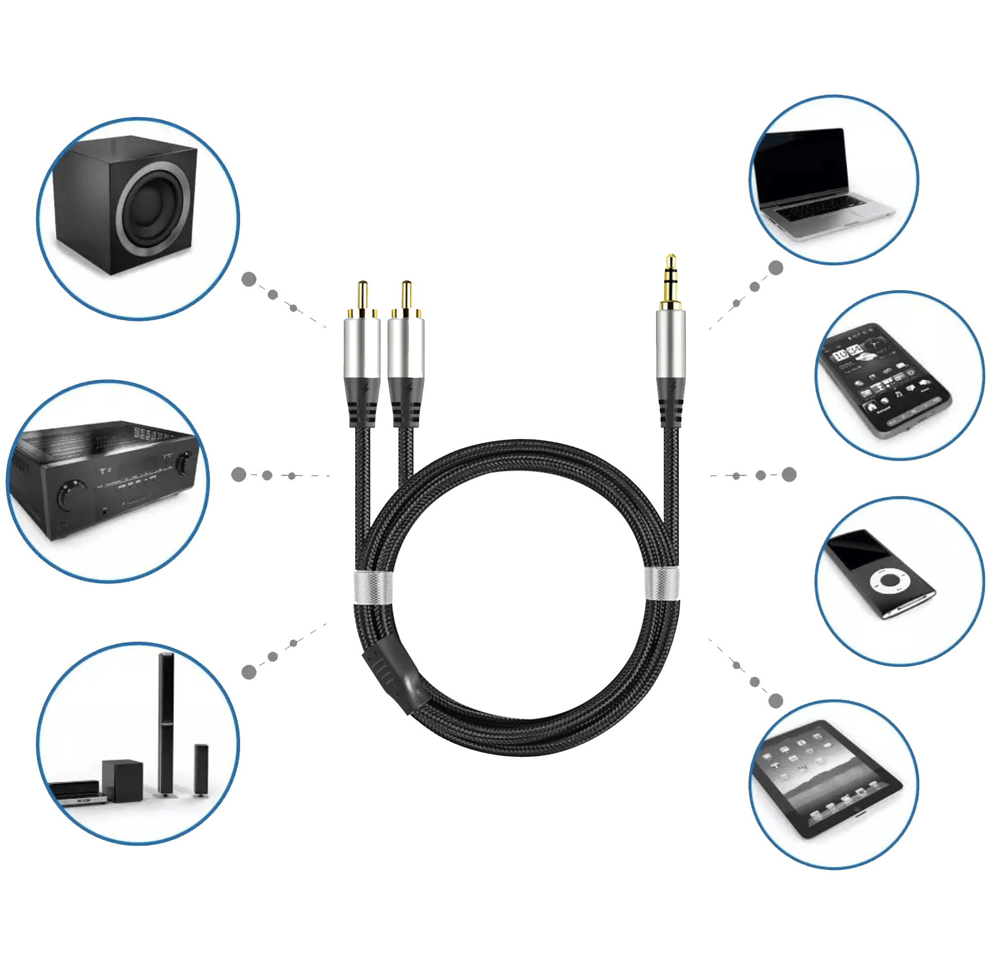 Schwarzes Audiokabel mit Goldsteckern, umgeben von Symbolen für Audiogeräte.
