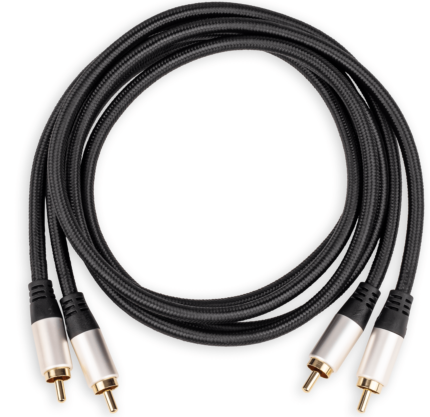 Cavi audio neri con connettori dorati. I cavi sono arrotolati e i connettori alle estremità.
