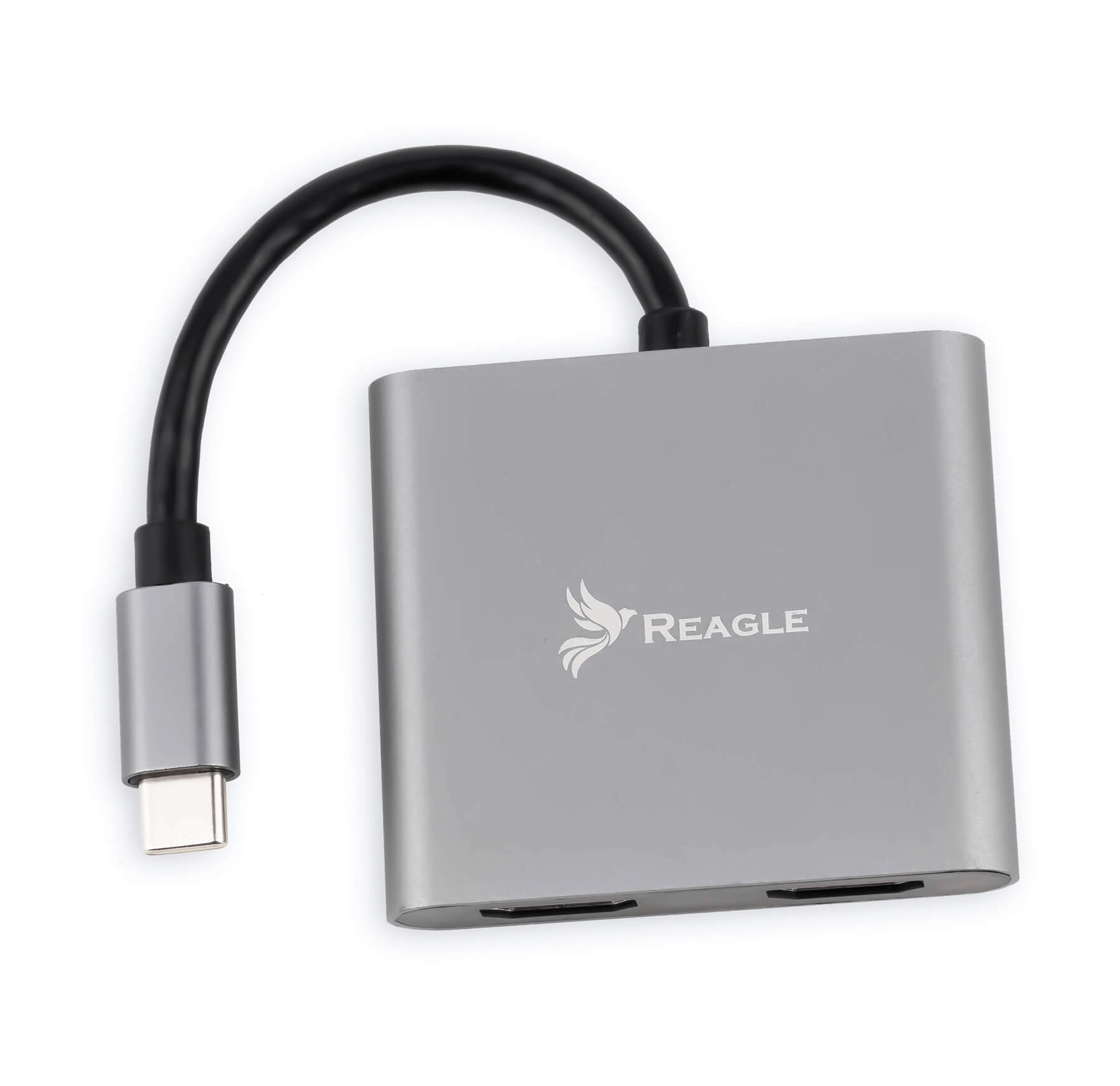 Srebrny adapter z czarnym kablem i złączem USB-C. Logo Reagle z boku.