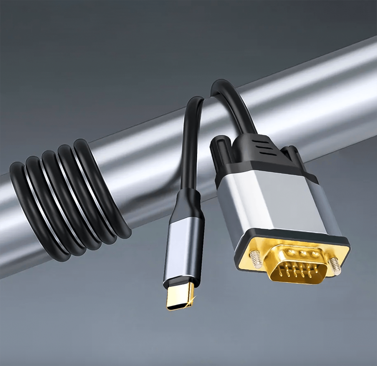 Czarny kabel USB-C do VGA owinięty wokół metalowego pręta, z szarym tłem.