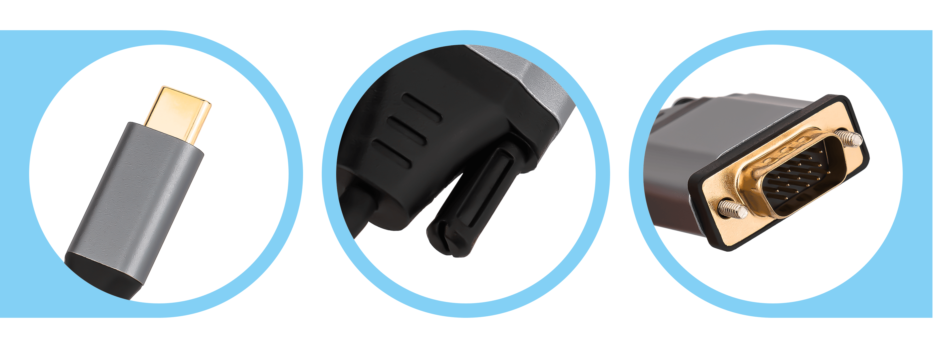 Zbliżenie trzech złączy technologicznych: USB-C, małe złącze i port VGA.