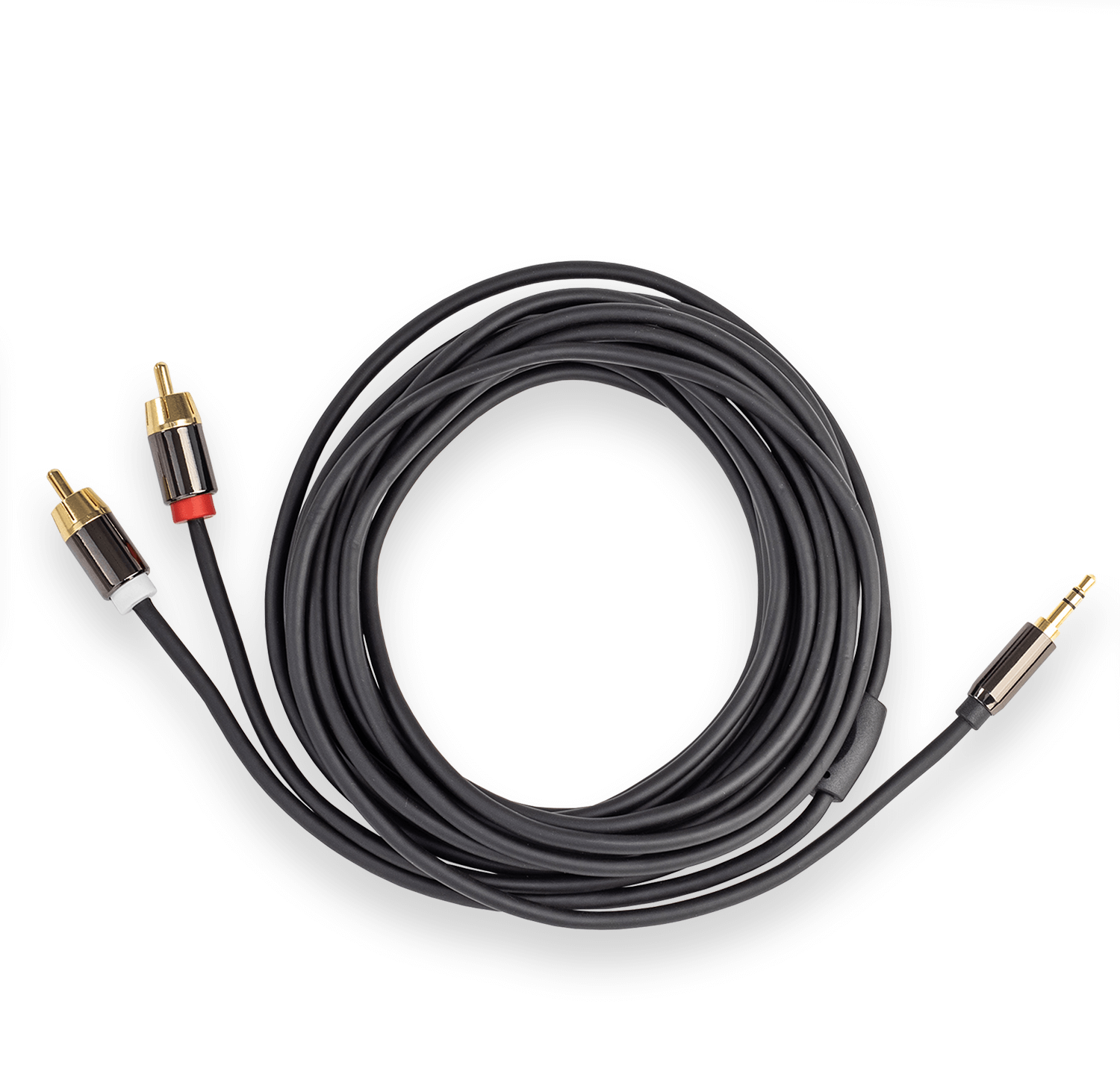 Czarny kabel audio, złącza RCA i 3,5 mm.