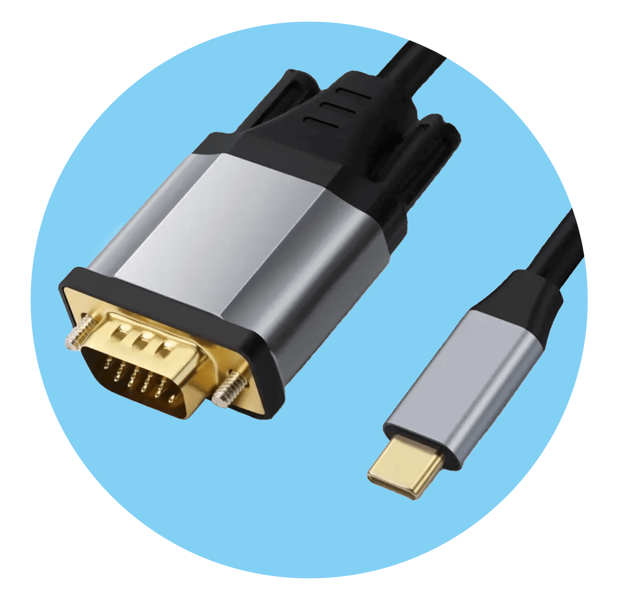 Kabel adaptera USB-C do VGA, srebrny i czarny. Niebieskie okrągłe tło.