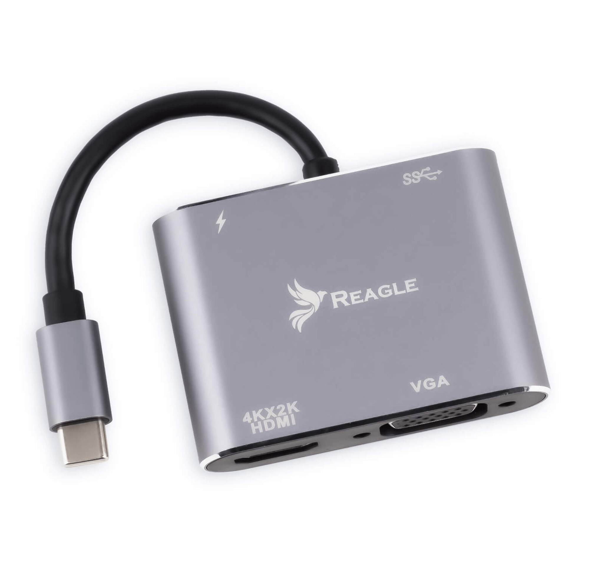 Srebrny adapter Reagle z połączeniami USB-C i VGA, na białym tle.