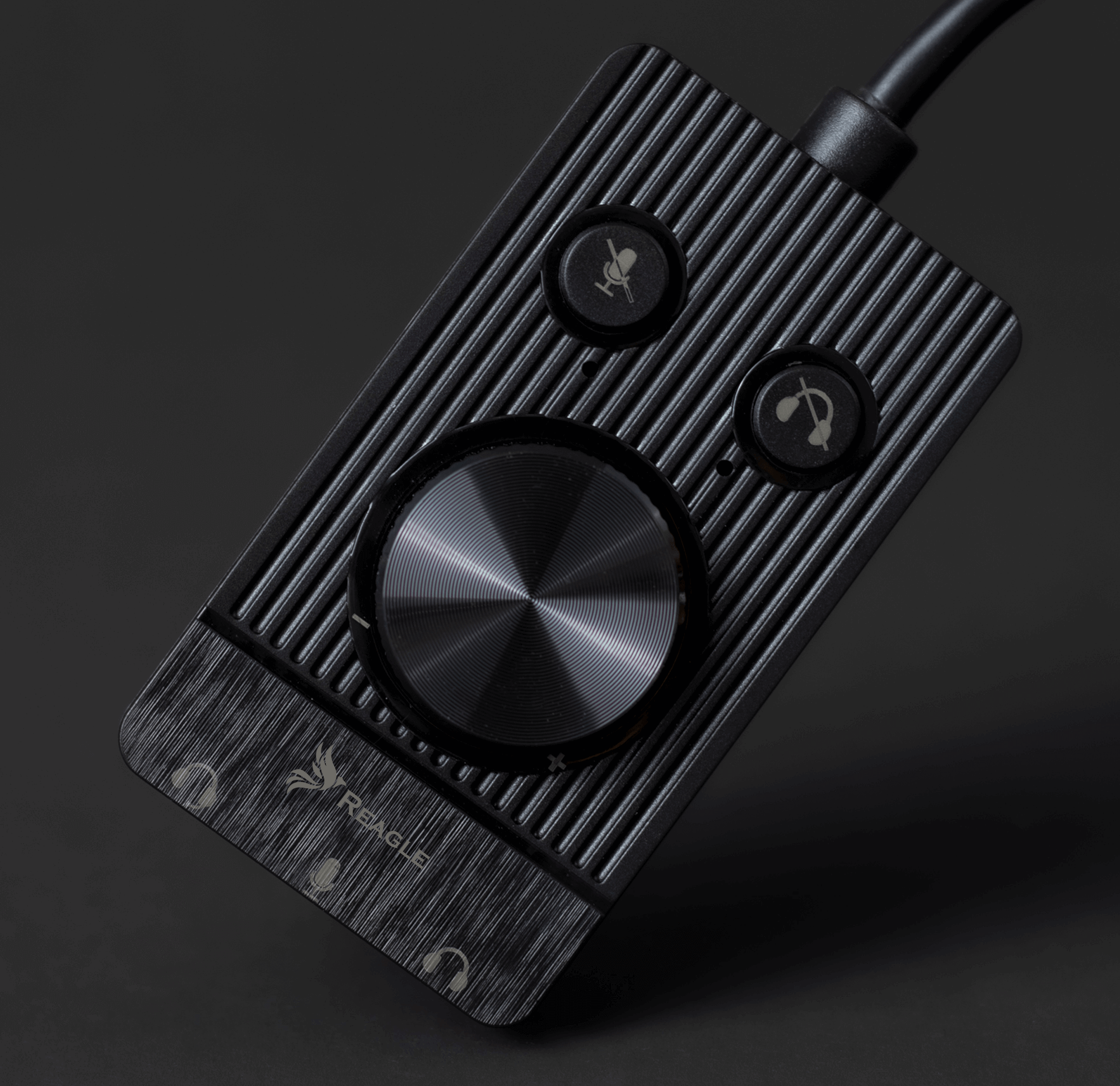 Czarne urządzenie interfejsu audio z przyciskami, pokrętłem i logo Reagle.