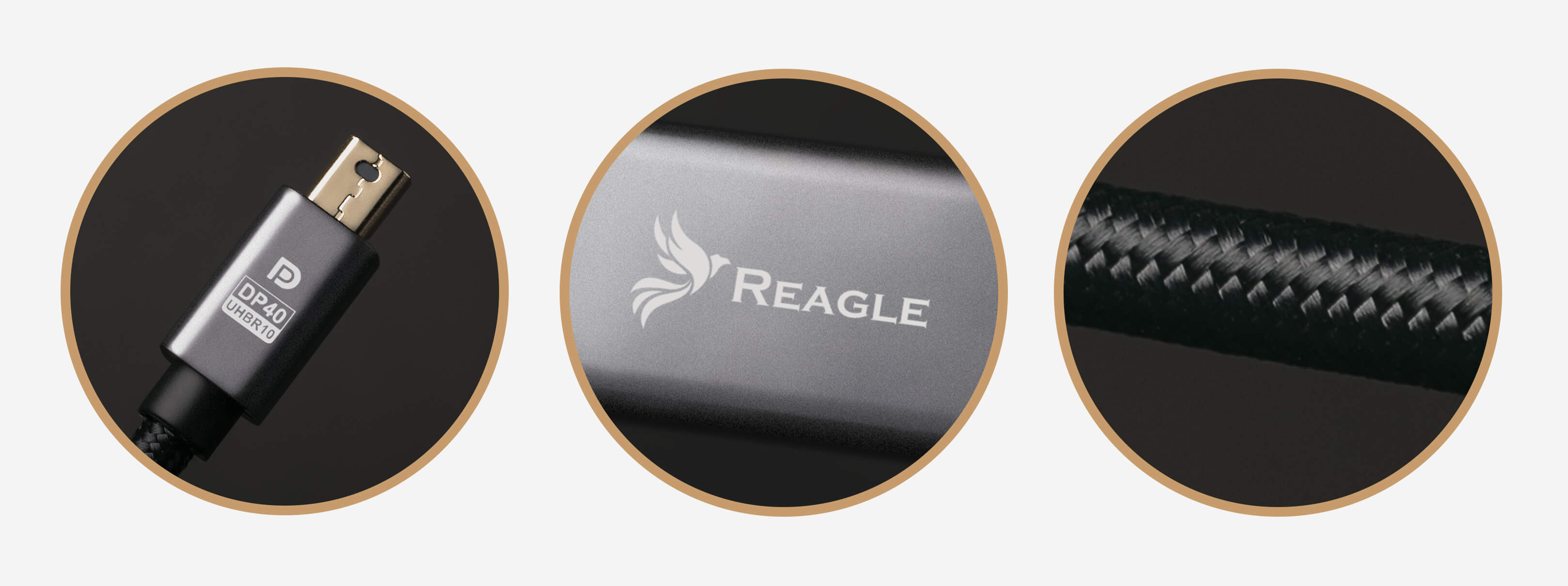 Zbliżenie kabla i złącza DisplayPort, z logo Reagle.