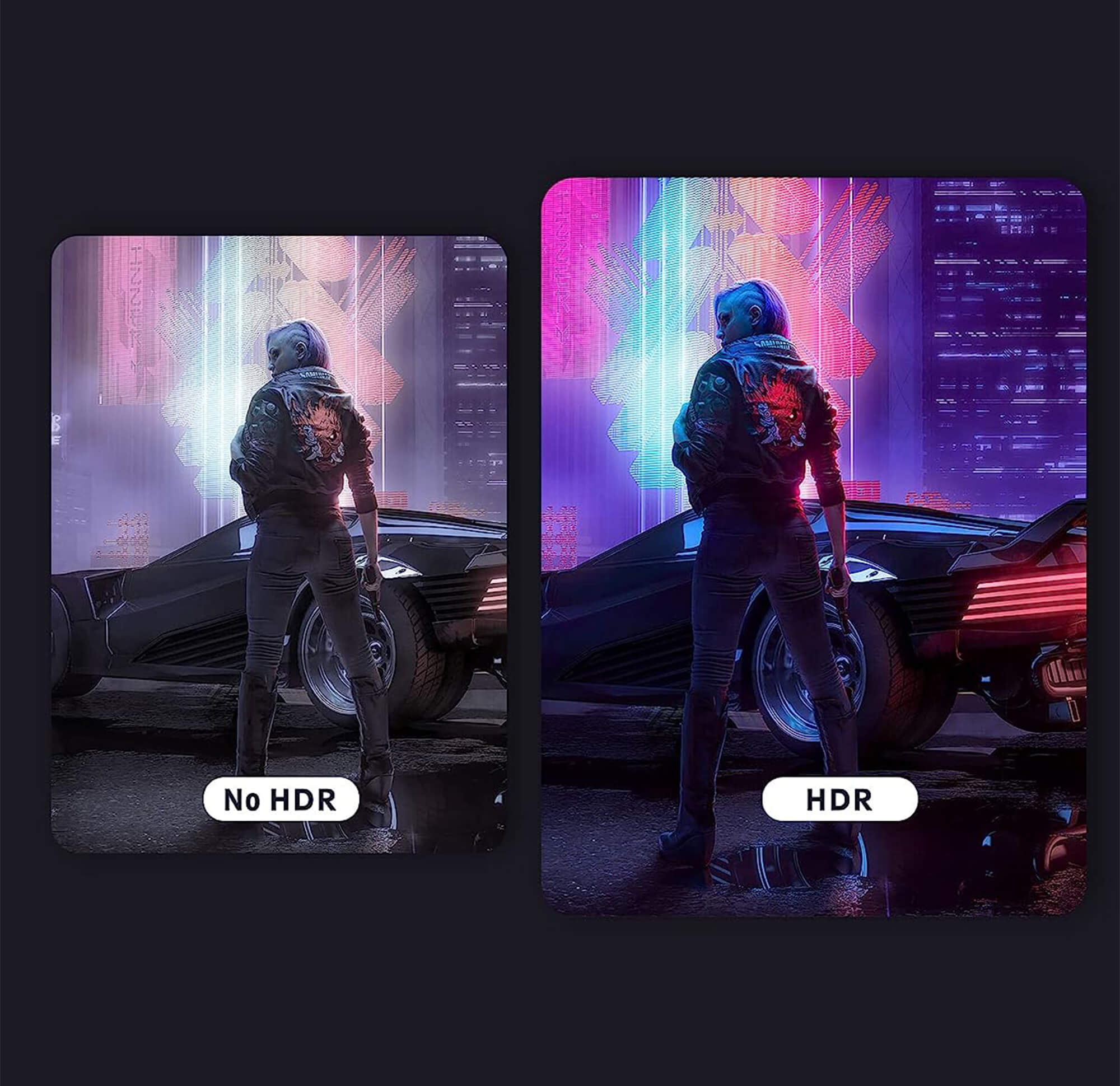 Dwa obrazy obok siebie. Po lewej bez HDR, po prawej z HDR. Oba pokazują osobę i samochód.